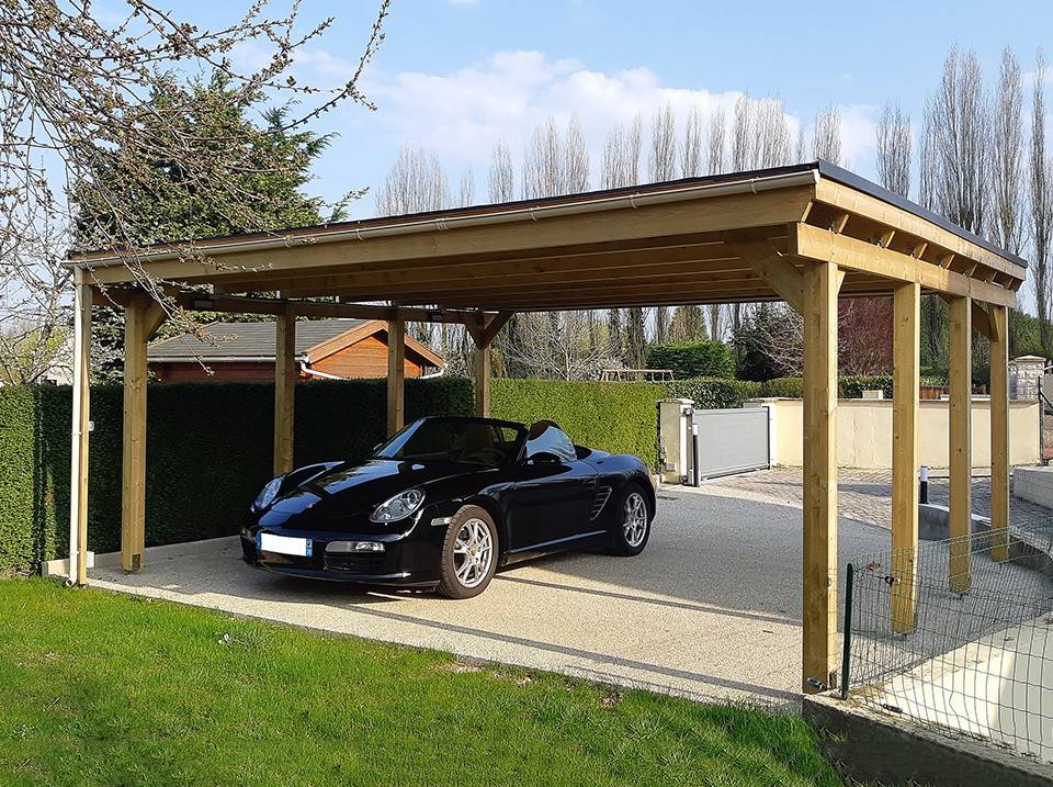 Direct Abris - Carport Bois CASTELLANE 558X555 Panneau de Fond Intégré - Toiture en Bois + Feutre Bitumeux - Abri 2 Voiture - Imagen 5