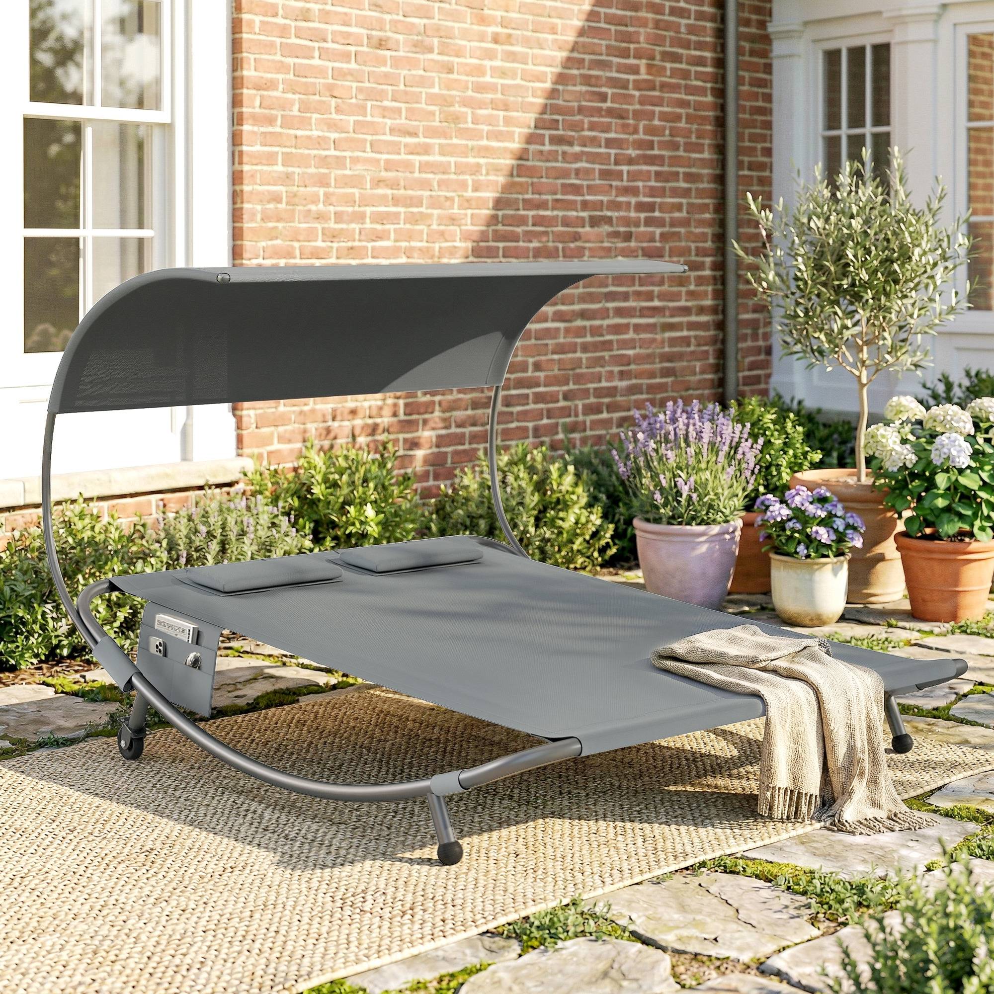 Bain de soleil double avec auvent amovible, roulettes, coussins et poches, 180 x 200 x 170 cm, gris - Image 4