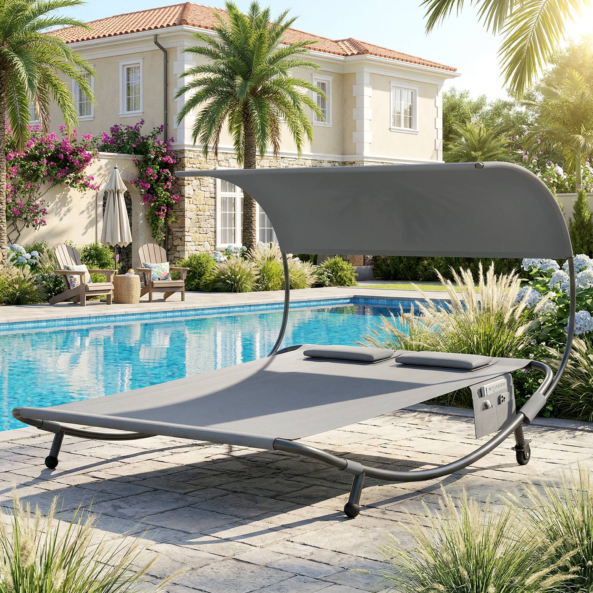 Bain de soleil double avec auvent amovible, roulettes, coussins et poches, 180 x 200 x 170 cm, gris - Image 3