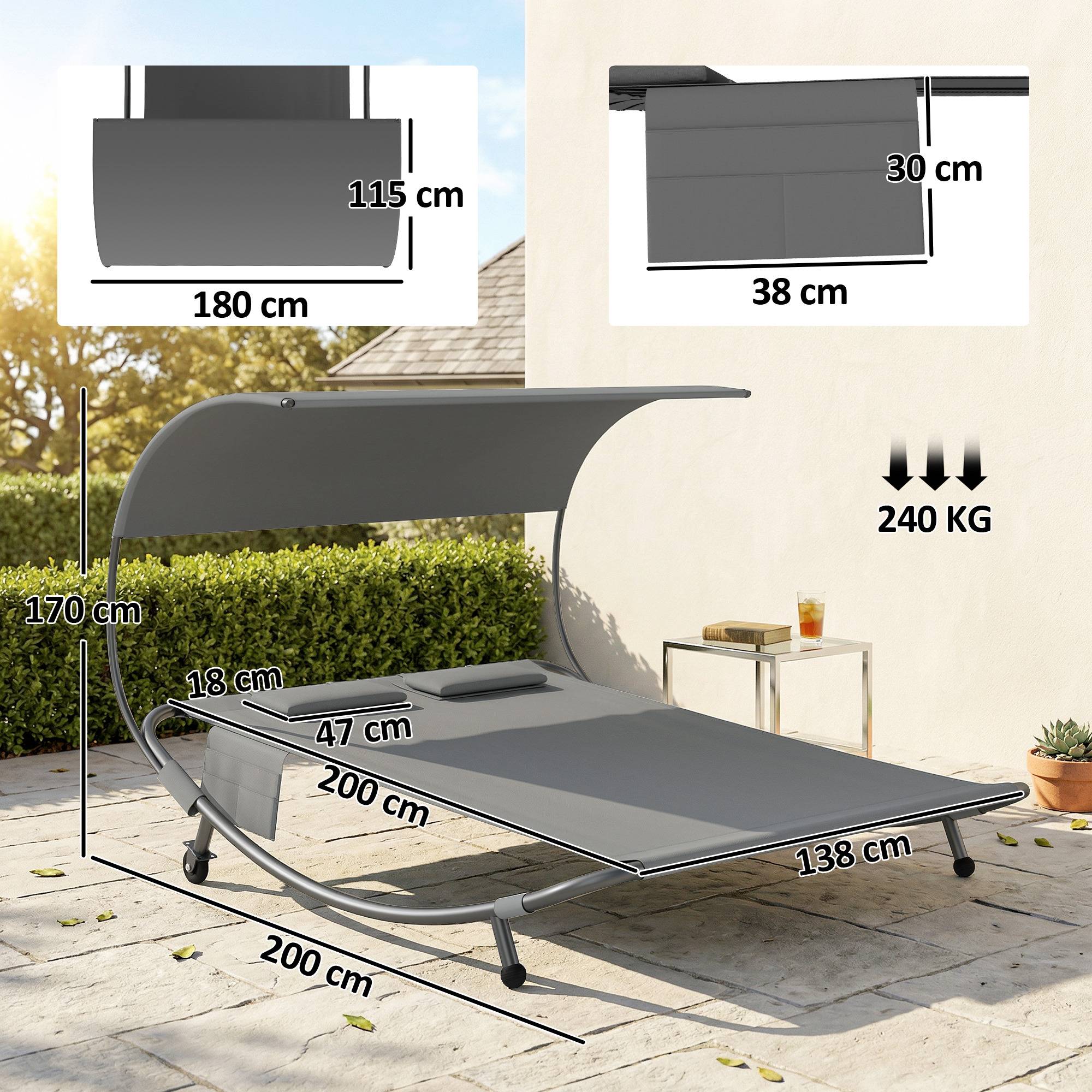 Bain de soleil double avec auvent amovible, roulettes, coussins et poches, 180 x 200 x 170 cm, gris - Image 5