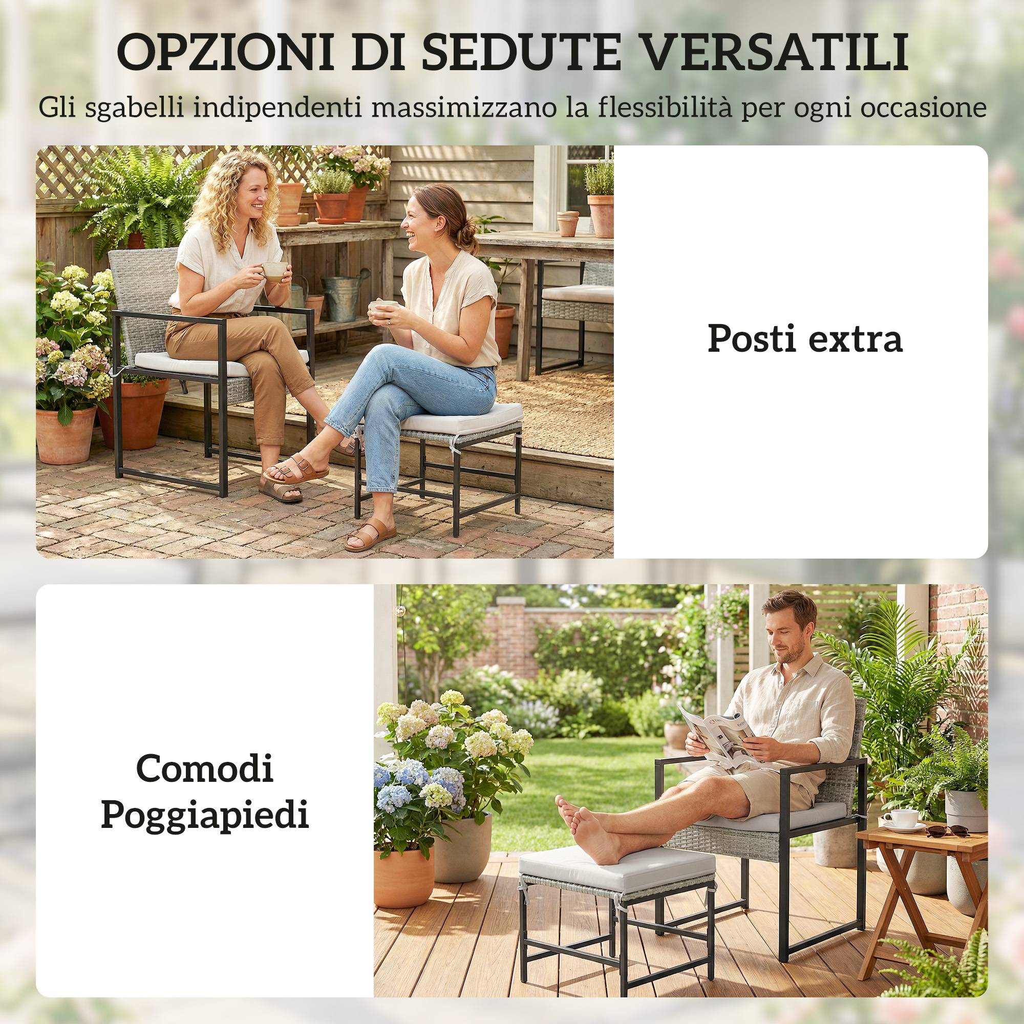 Ensemble repas patio 11 pcs, mobilier extérieur avec 6 fauteuils, 4 poufs, gris - Image 7