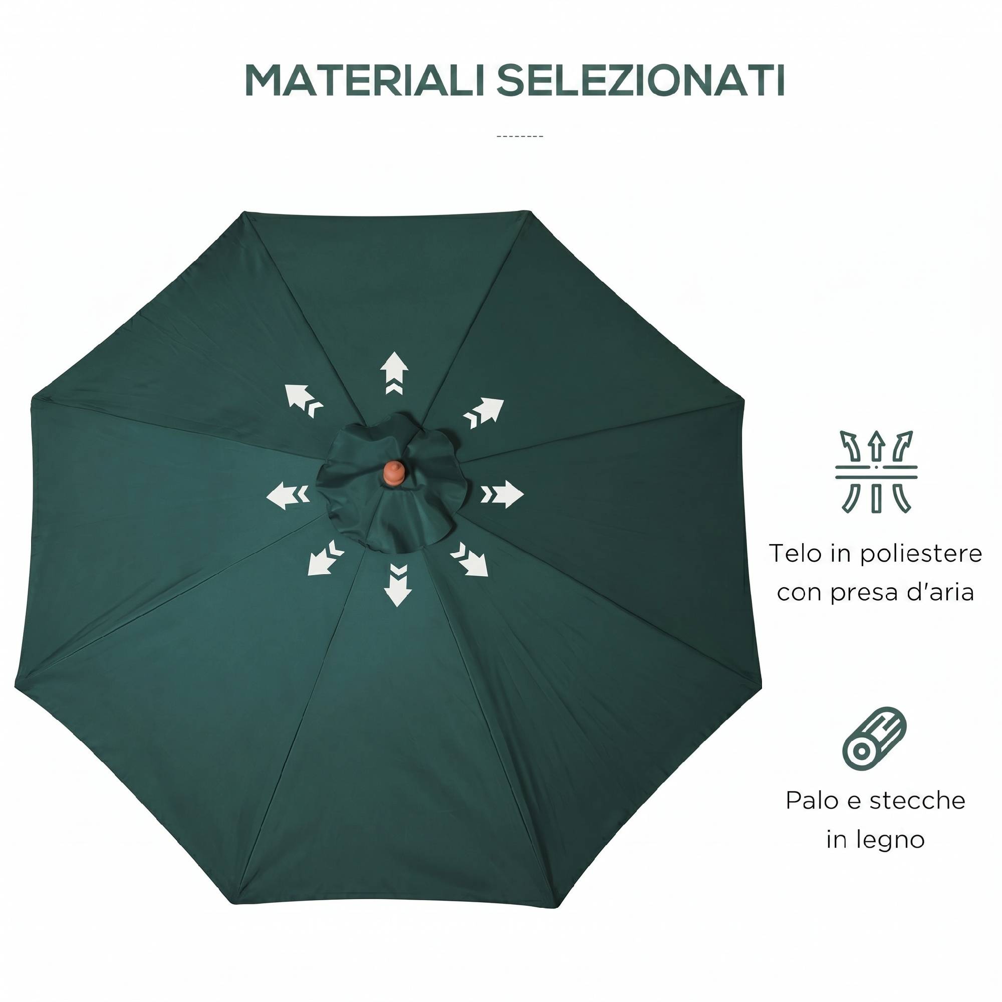 Parasol Ø300x250 cm, mat bois, systeme poulies, jardin patio terrasse, vert - Image 6