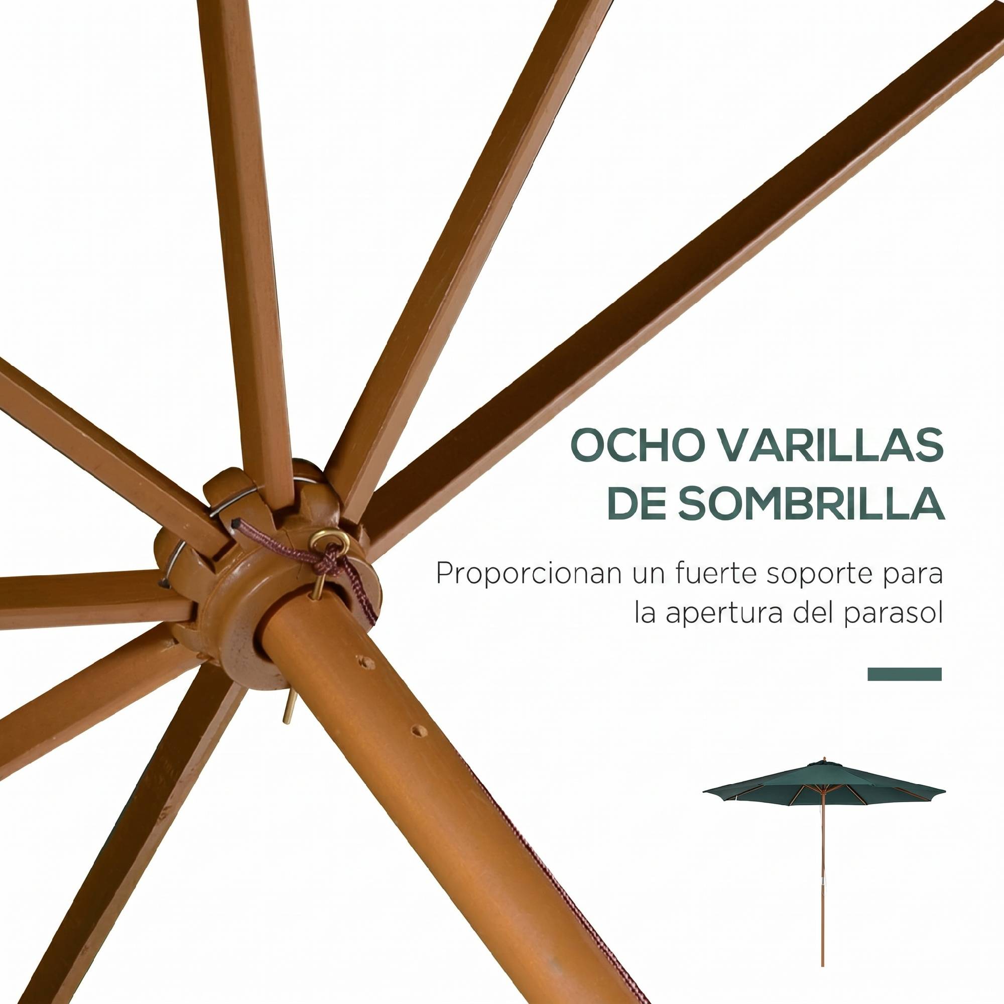 Parasol Ø300x250 cm, mat bois, systeme poulies, jardin patio terrasse, vert - Image 9