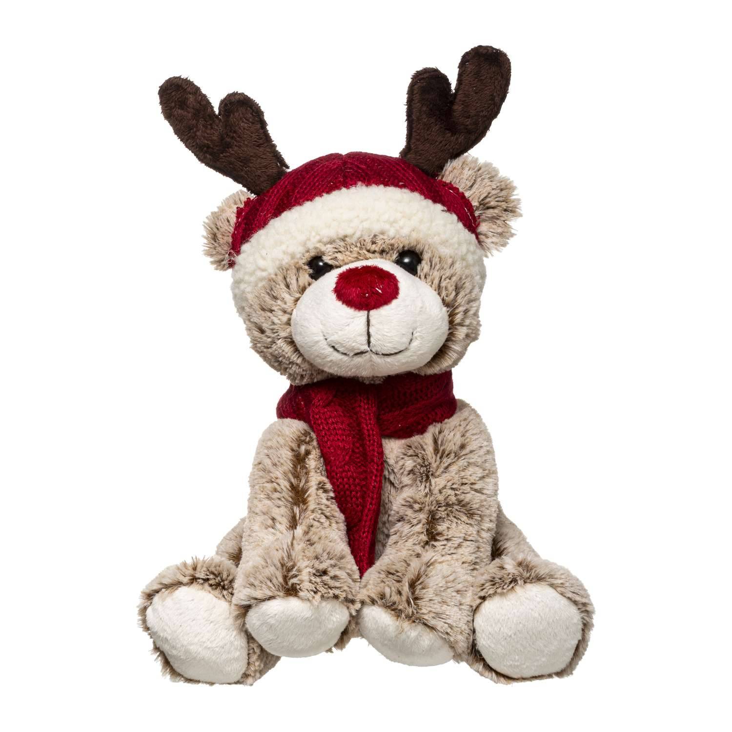 Atmosphera - Peluche de Noël Ours avec écharpe et bonnet renne - H. 35 cm - Marron et rouge - Atmosphera