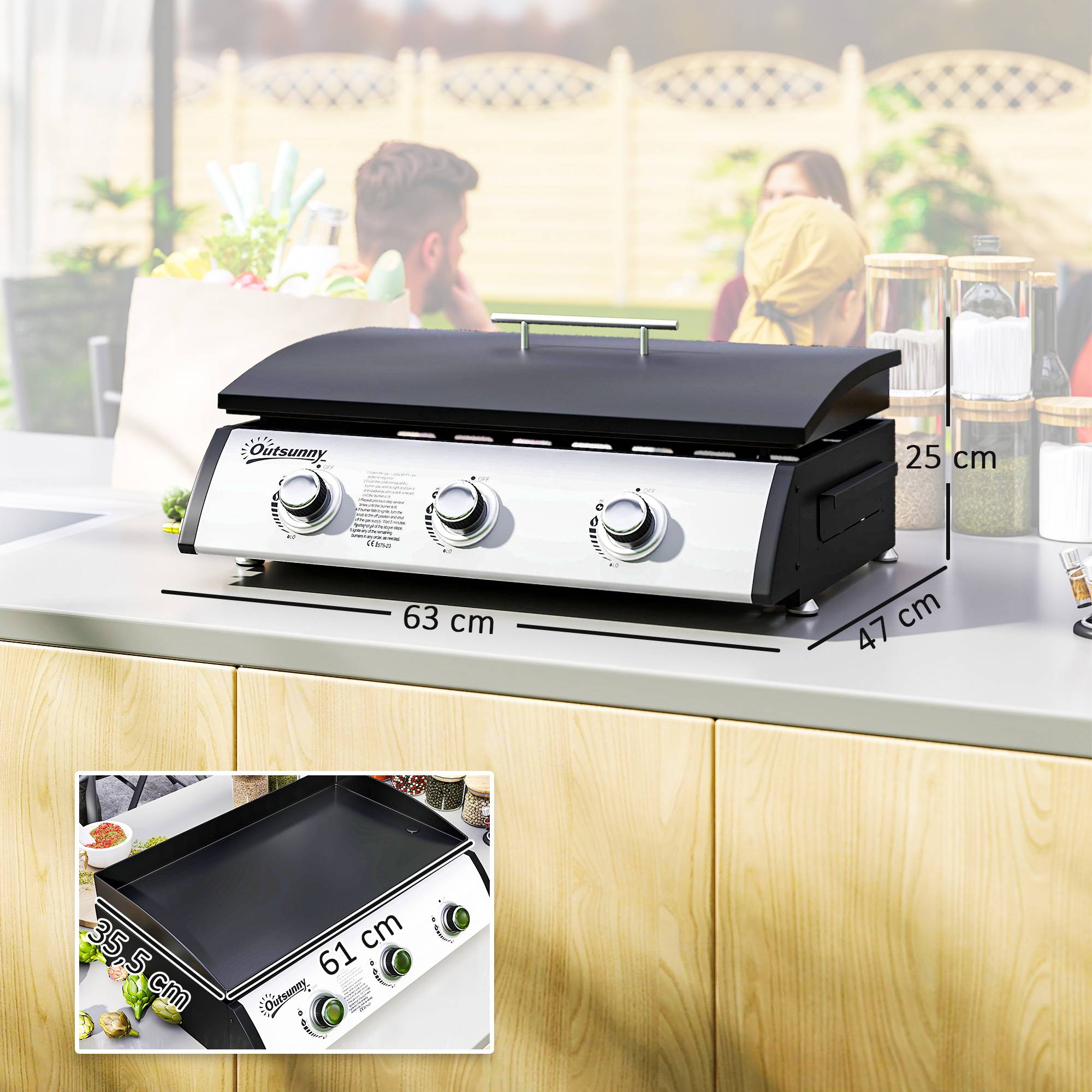 Plancha gaz 3 brûleurs 7,5 kW, surface cuisson 61 x 35,5 cm avec couvercle, gaz liquéfié/propane, 63 x 47 x 25 cm noir - Image 5