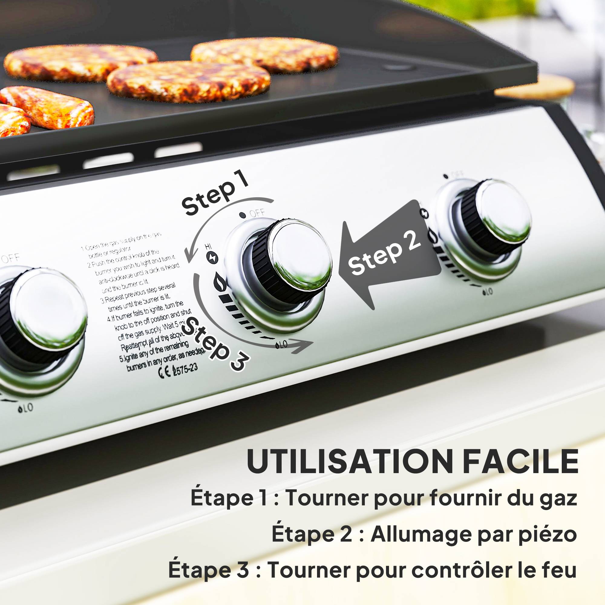 Plancha gaz 3 brûleurs 7,5 kW, surface cuisson 61 x 35,5 cm avec couvercle, gaz liquéfié/propane, 63 x 47 x 25 cm noir - Image 7