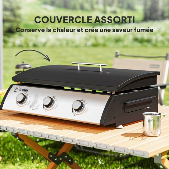 Plancha gaz 3 brûleurs 7,5 kW, surface cuisson 61 x 35,5 cm avec couvercle, gaz liquéfié/propane, 63 x 47 x 25 cm noir - Image 8