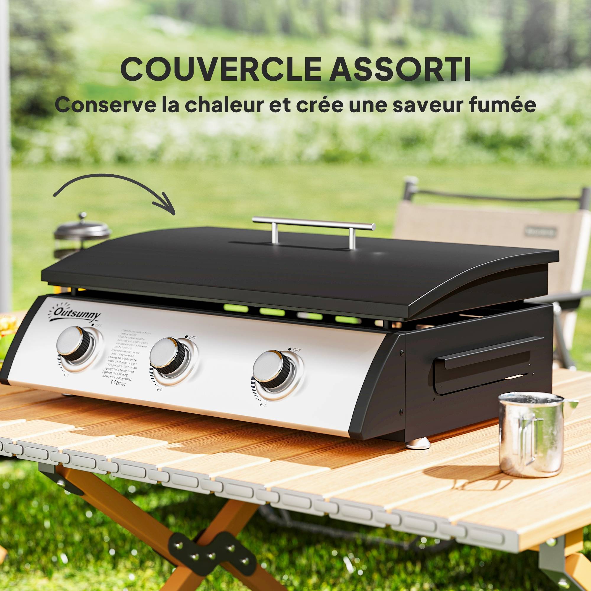 Plancha gaz 3 brûleurs 7,5 kW, surface cuisson 61 x 35,5 cm avec couvercle, gaz liquéfié/propane, 63 x 47 x 25 cm noir - Image 8
