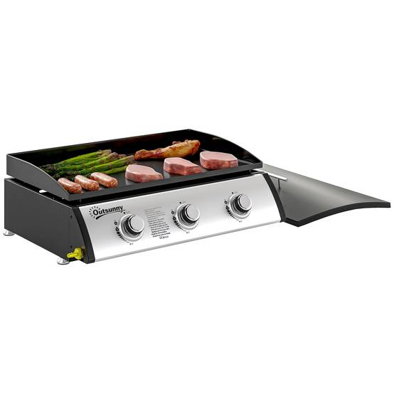 Plancha gaz 3 brûleurs 7,5 kW, surface cuisson 61 x 35,5 cm avec couvercle, gaz liquéfié/propane, 63 x 47 x 25 cm noir - Image 1