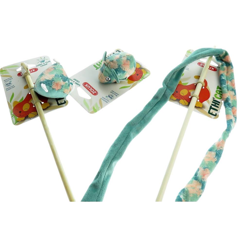 2 canne à pêche et 1 souris tissu feuille vert, jouet pour chat - Image 2