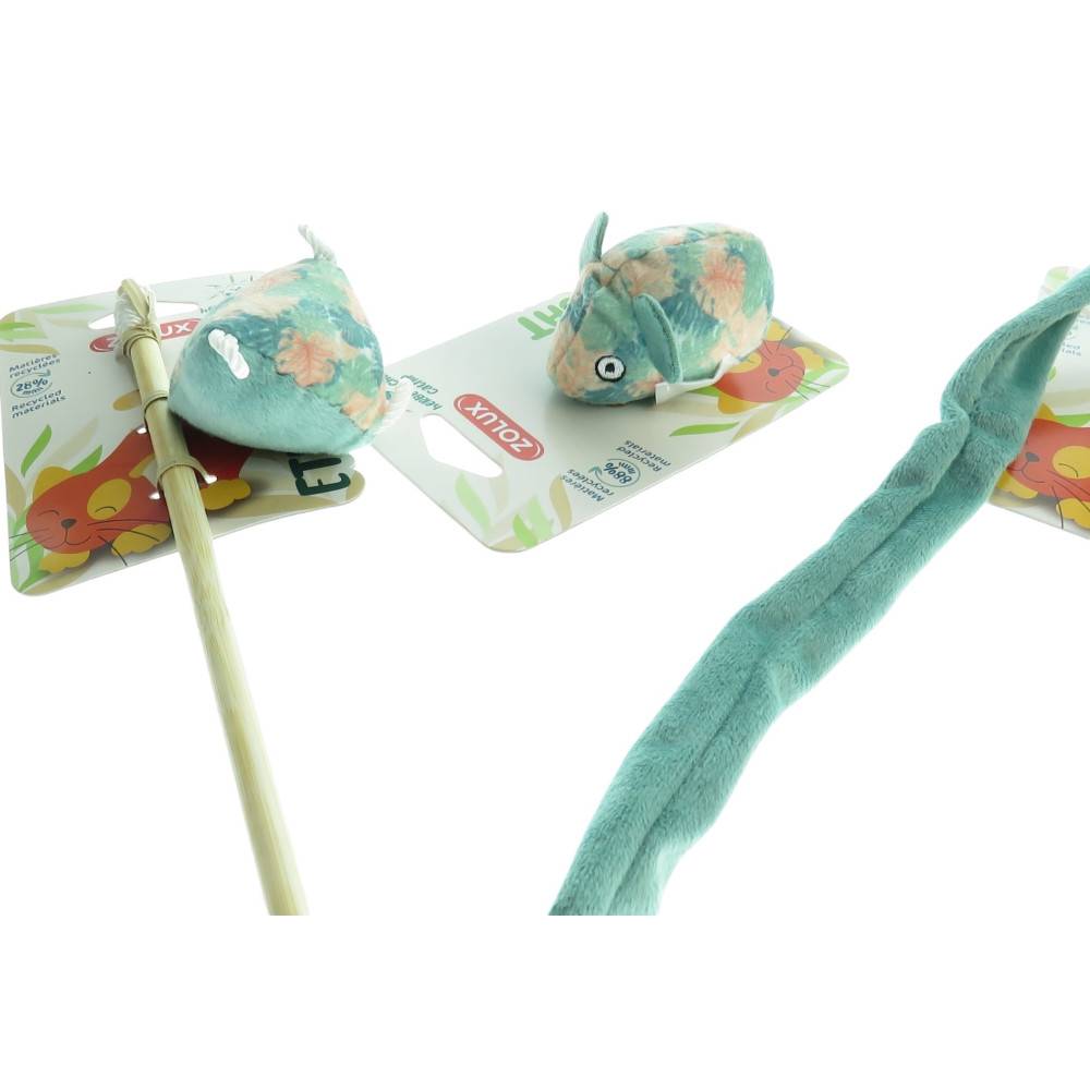 2 canne à pêche et 1 souris tissu feuille vert, jouet pour chat - Image 3
