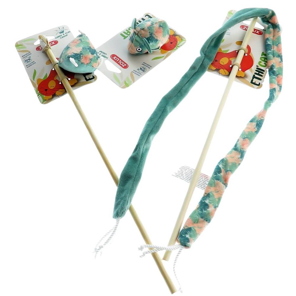 2 canne à pêche et 1 souris tissu feuille vert, jouet pour chat - Image 1