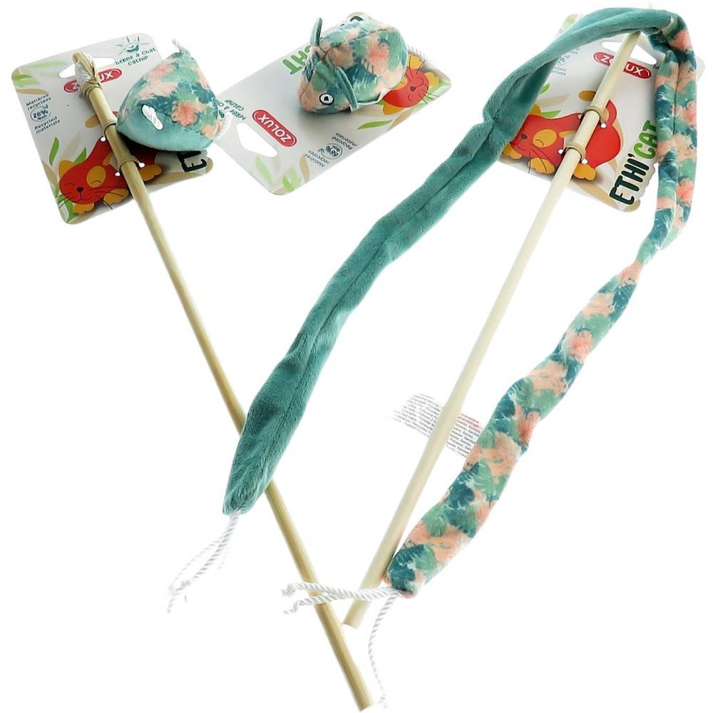 2 canne à pêche et 1 souris tissu feuille vert, jouet pour chat - Image 4