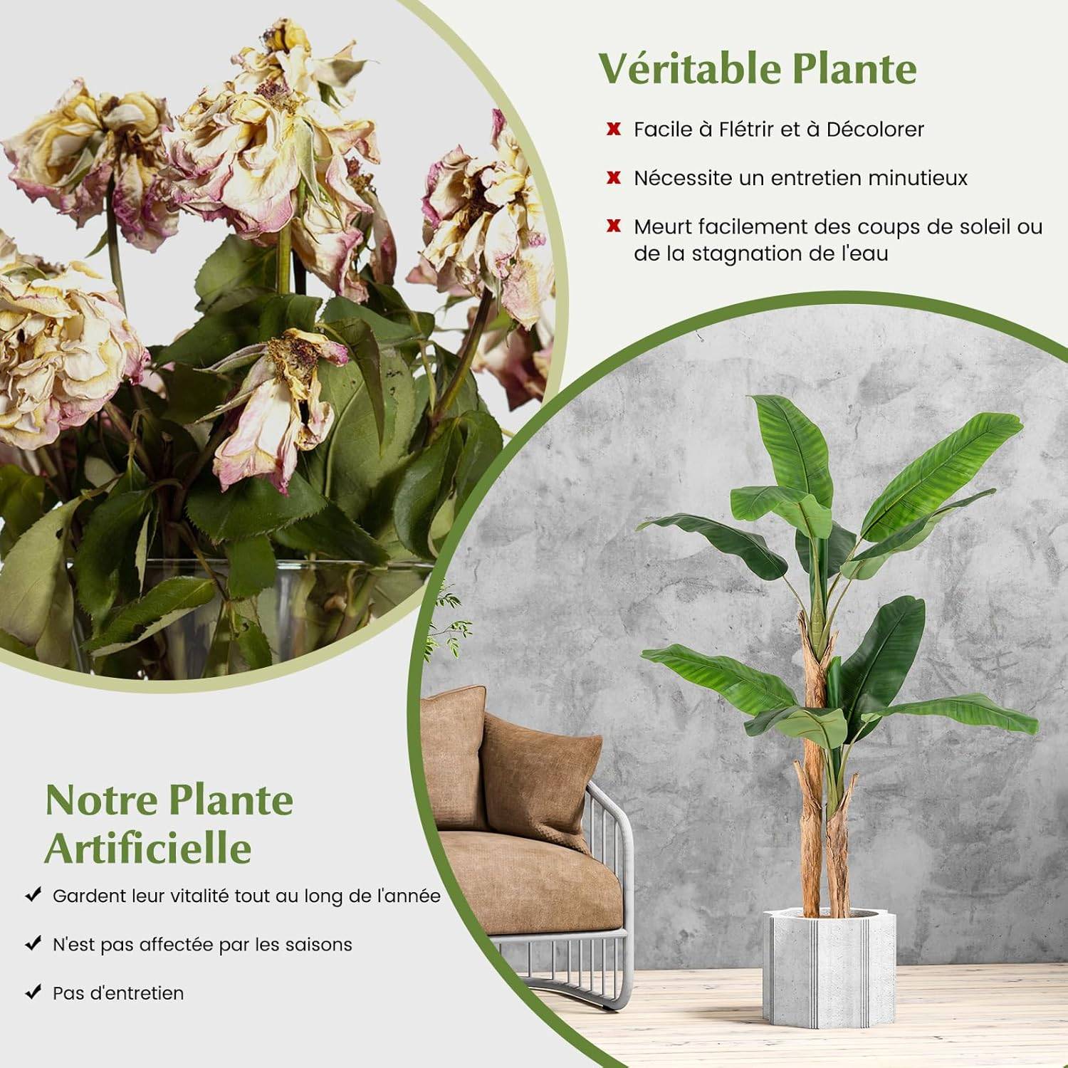 Plante Artificielle Tiges Doubles, Fausse Plante de Bananier 10 Grandes Feuilles Plante Verte en Pot, Décoration Palmier d'Intérieur 165 CM - Image 4