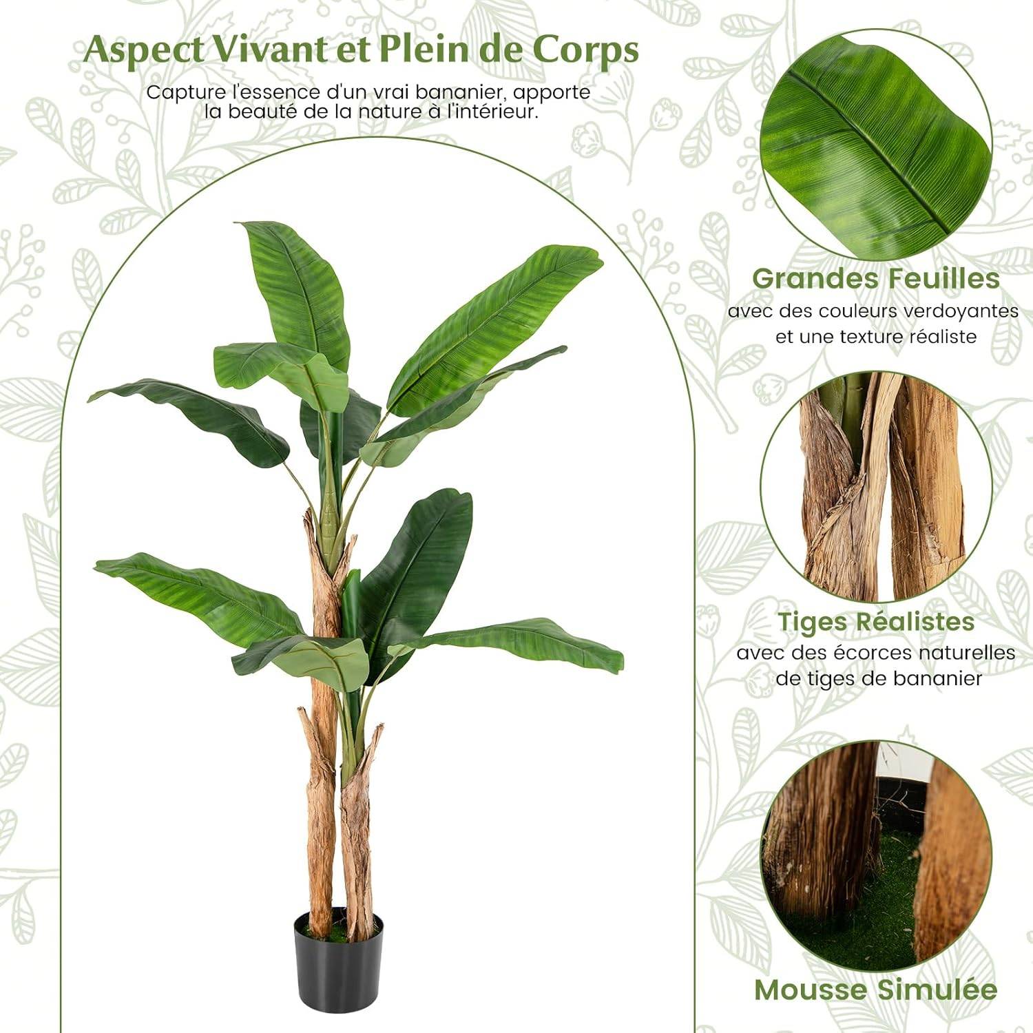 Plante Artificielle Tiges Doubles, Fausse Plante de Bananier 10 Grandes Feuilles Plante Verte en Pot, Décoration Palmier d'Intérieur 165 CM - Image 3