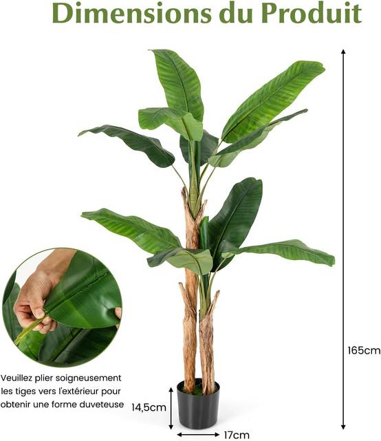 Plante Artificielle Tiges Doubles, Fausse Plante de Bananier 10 Grandes Feuilles Plante Verte en Pot, Décoration Palmier d'Intérieur 165 CM - Image 5