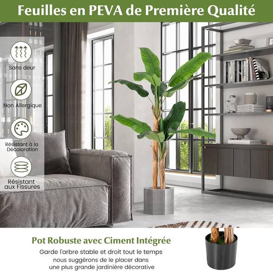 Plante Artificielle Tiges Doubles, Fausse Plante de Bananier 10 Grandes Feuilles Plante Verte en Pot, Décoration Palmier d'Intérieur 165 CM - Image 6