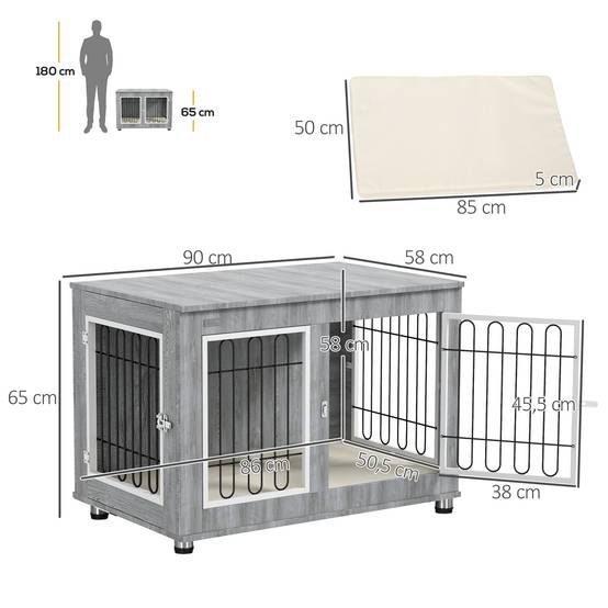 Cage pour chien avec coussin, 2 verrous, portes doubles, gris, 90 x 58 x 65 cm - PANGIVO - Image 3