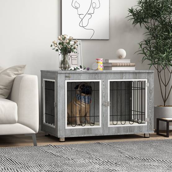 Cage pour chien avec coussin, 2 verrous, portes doubles, gris, 90 x 58 x 65 cm - PANGIVO - Image 2