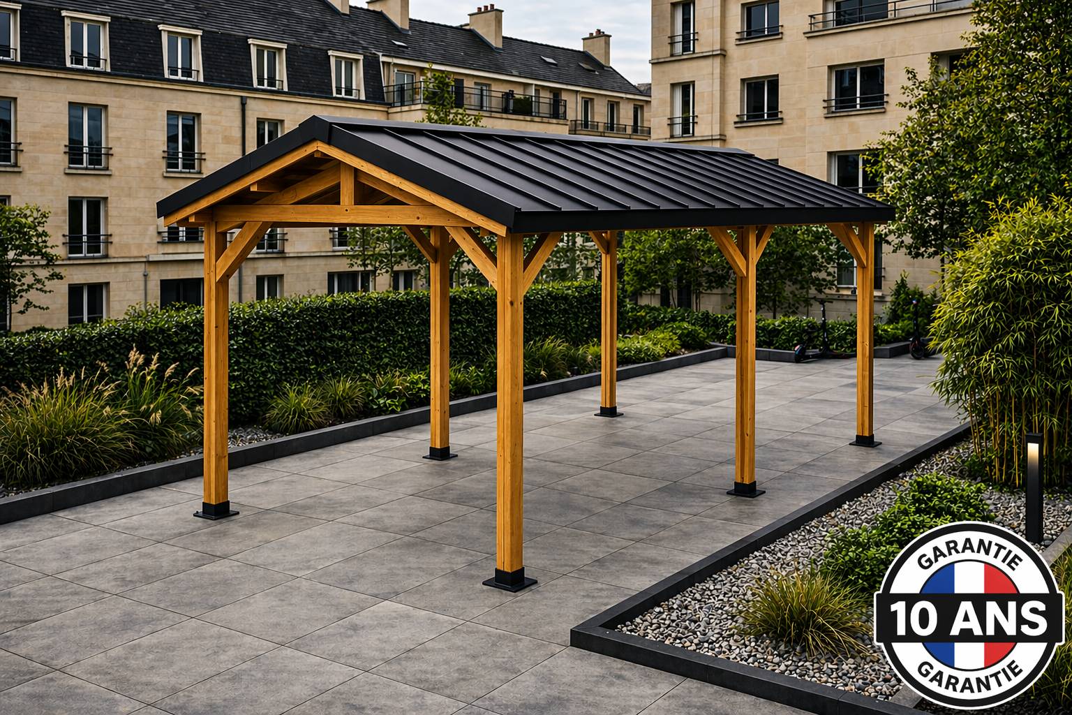 Carport bois 2 pentes en bois douglas 21 m² avec couverture. 6 pieds de poteau fixes. Abri camping car ou van. Garantie 10 ans. - Image 9