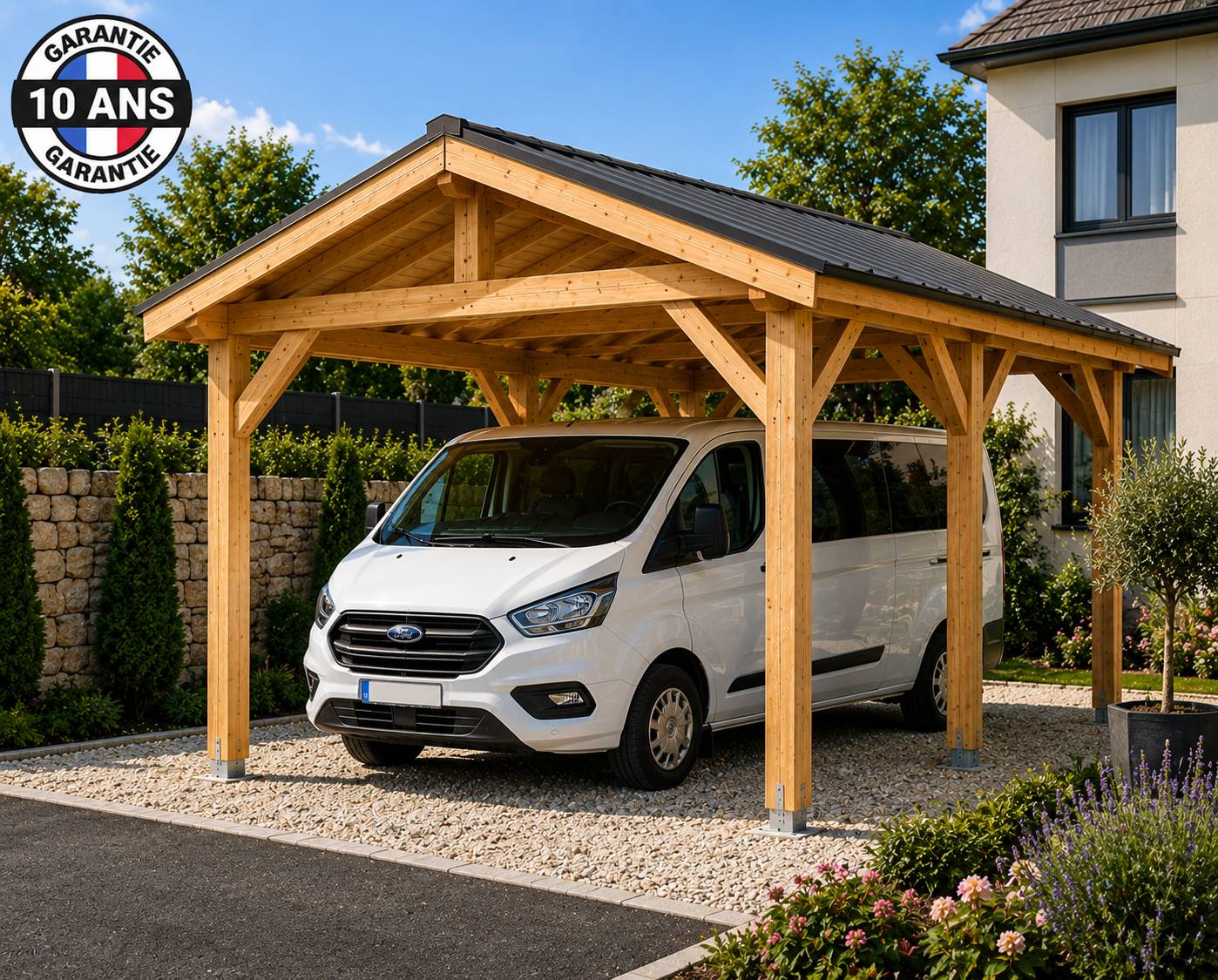 Carport bois 2 pentes en bois douglas 21 m² avec couverture. 6 pieds de poteau fixes. Abri camping car ou van. Garantie 10 ans. - Image 6