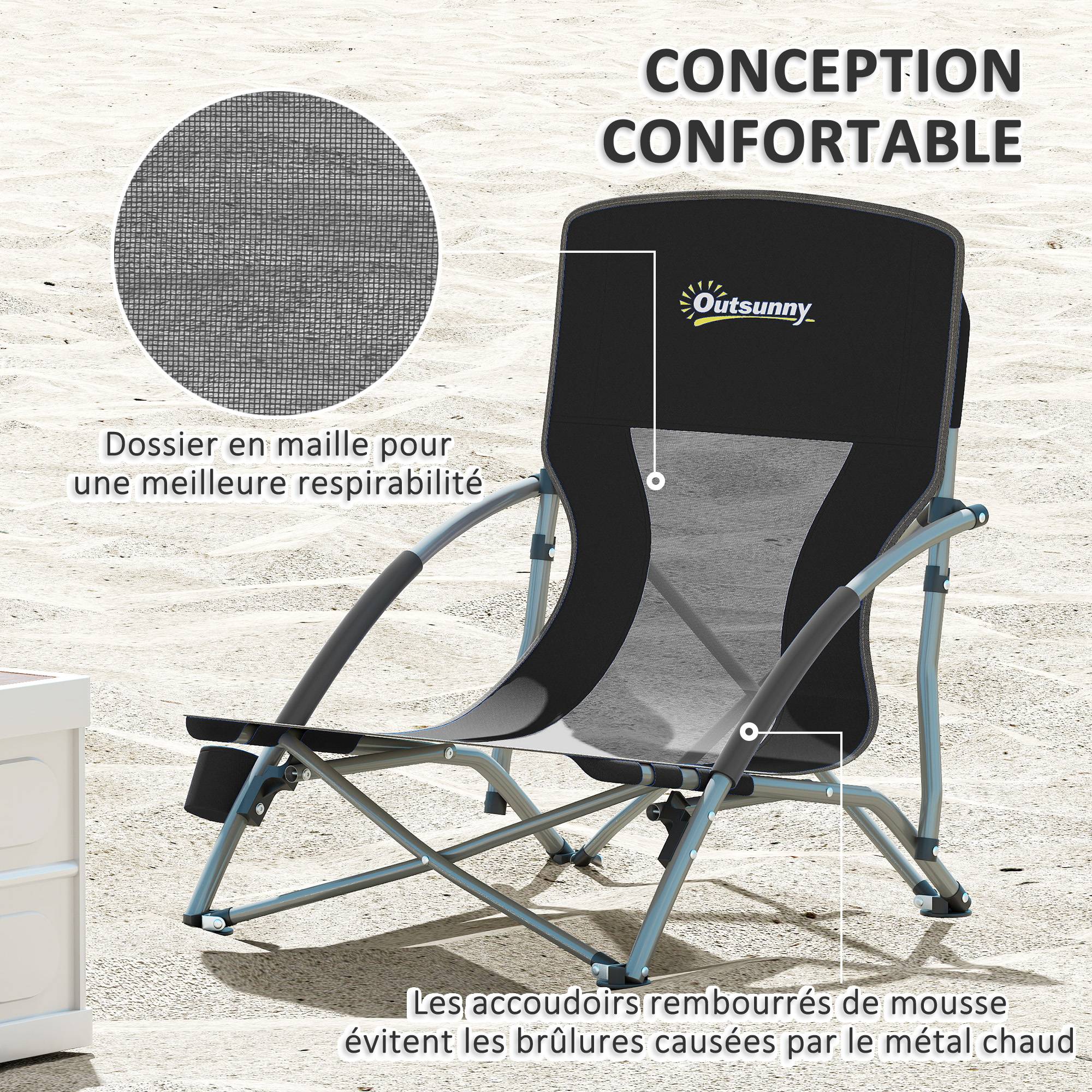 Lot de 2 chaises de plage pliantes métal et tissu noir 58 x 55 x 62 cm - PANGIVO - Image 7