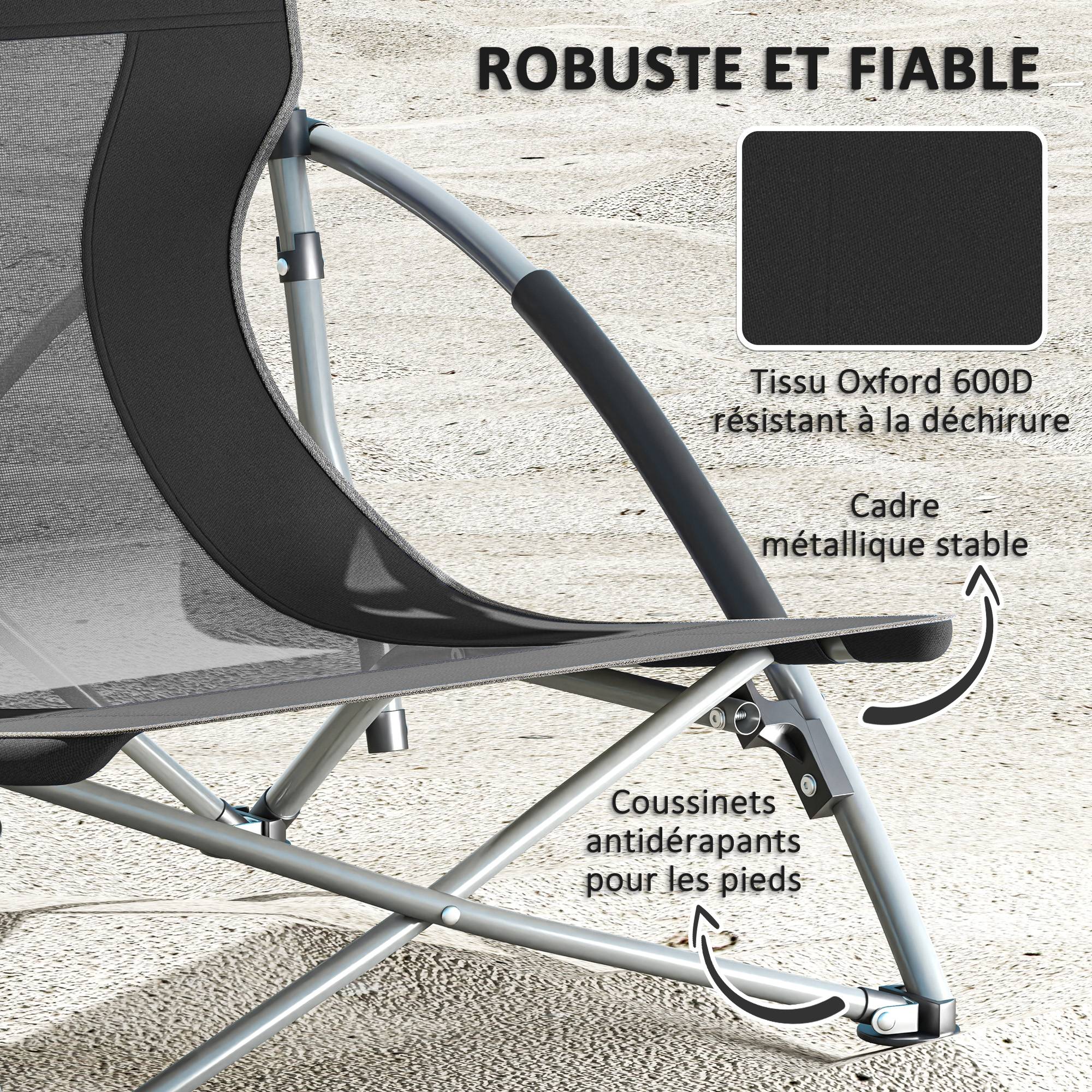 Lot de 2 chaises de plage pliantes métal et tissu noir 58 x 55 x 62 cm - PANGIVO - Image 9