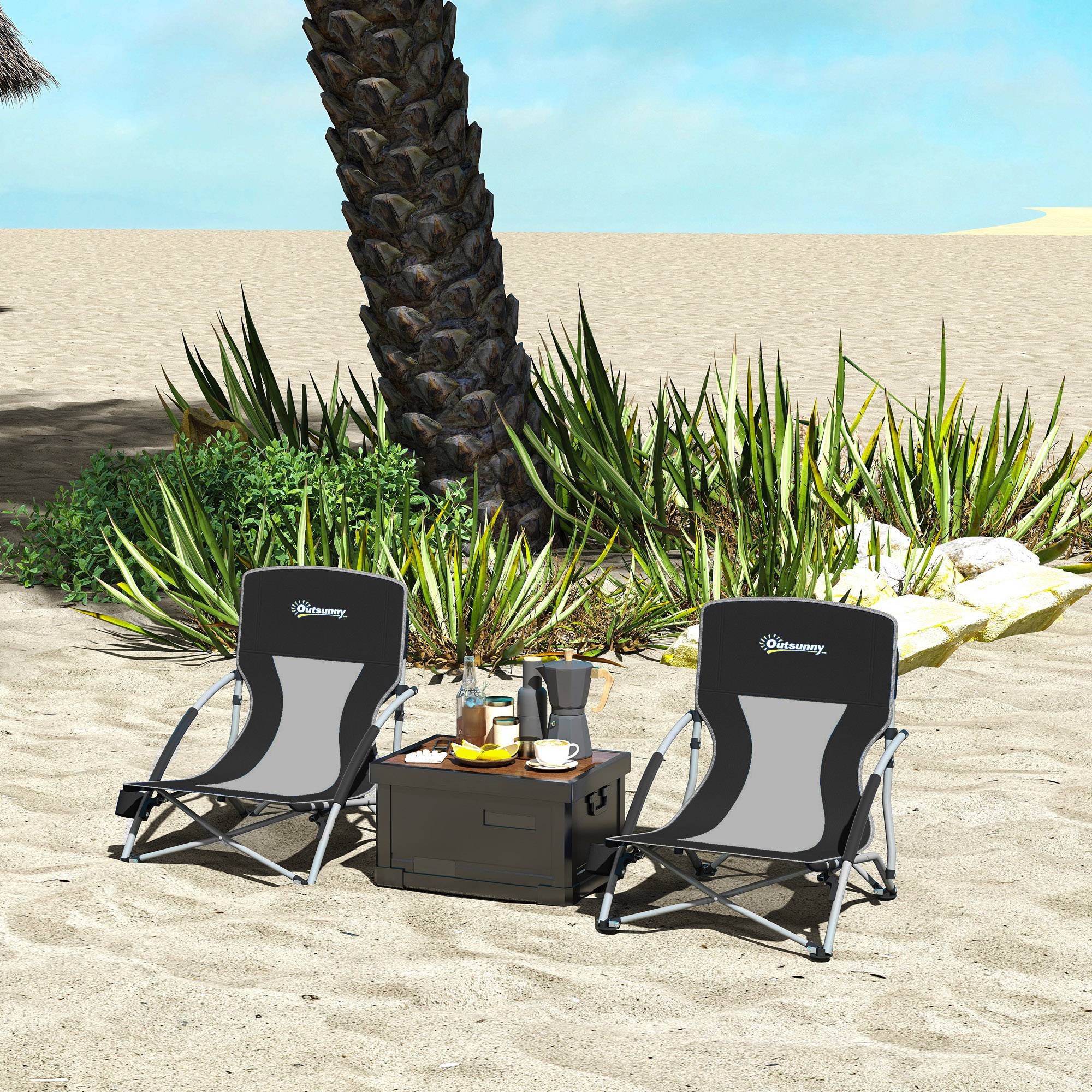Lot de 2 chaises de plage pliantes métal et tissu noir 58 x 55 x 62 cm - PANGIVO - Image 3