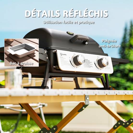 Barbecue gaz de table transportable, 2 brûleurs 5,6 KW, barbecue gaz de camping avec étagères latérales, couvercle, noir - Image 9