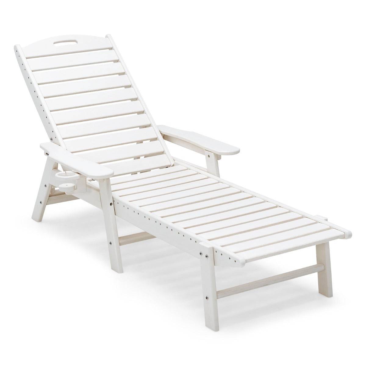 Helloshop26 - Bain de soleil inclinable à dossier réglable 5 positions transat jardin extérieur avec porte-gobelet accoudoirs charge 150 kg blanc