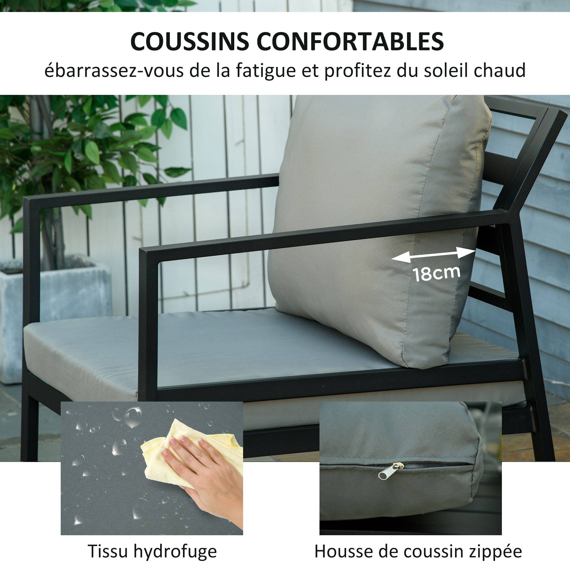 Outsunny - Ensemble salon de jardin style yachting design contemporain 4 places 4 pièces avec coussins déhoussables polyester alu. gris - Outsunny - Imagen 5