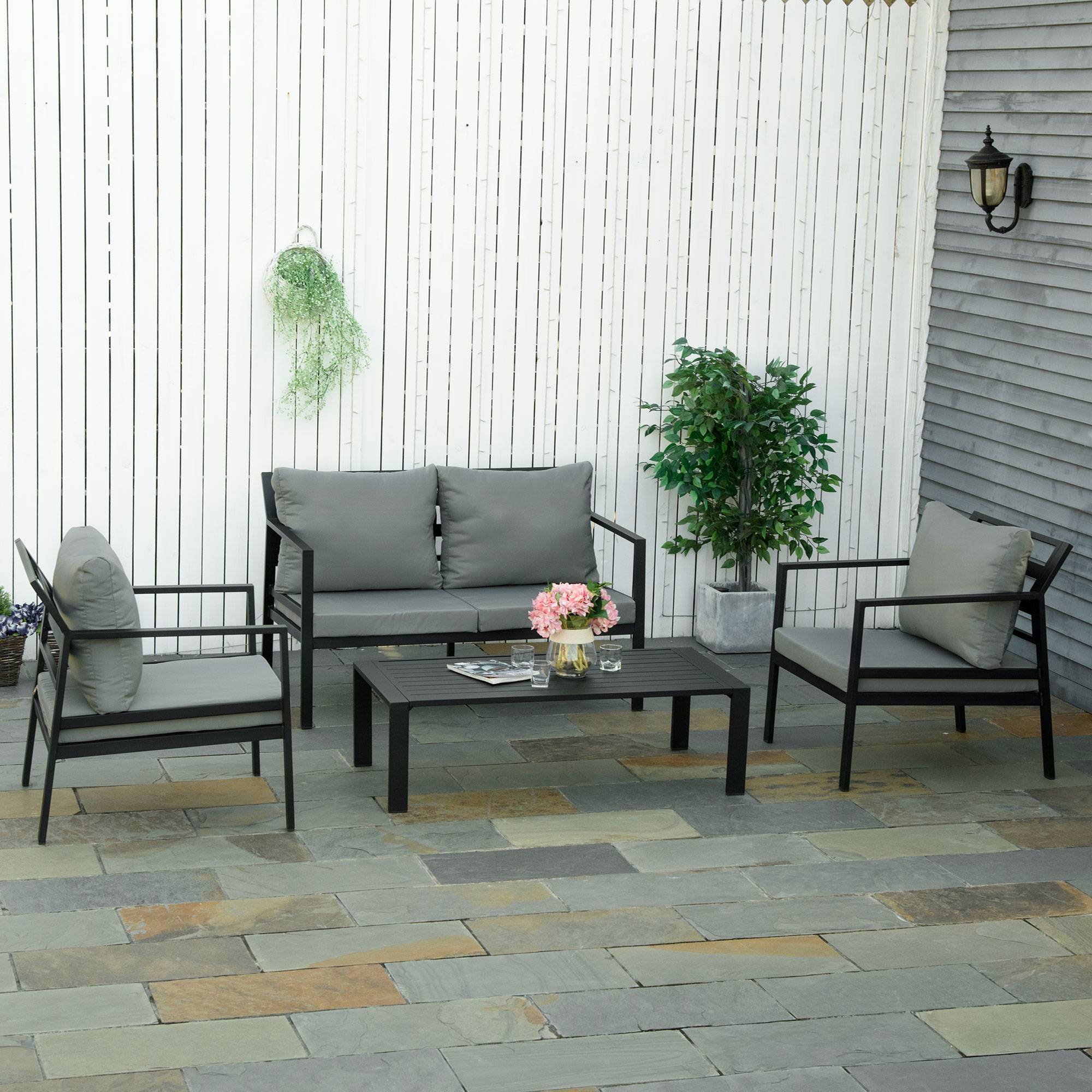 Outsunny - Ensemble salon de jardin style yachting design contemporain 4 places 4 pièces avec coussins déhoussables polyester alu. gris - Outsunny - Imagen 2