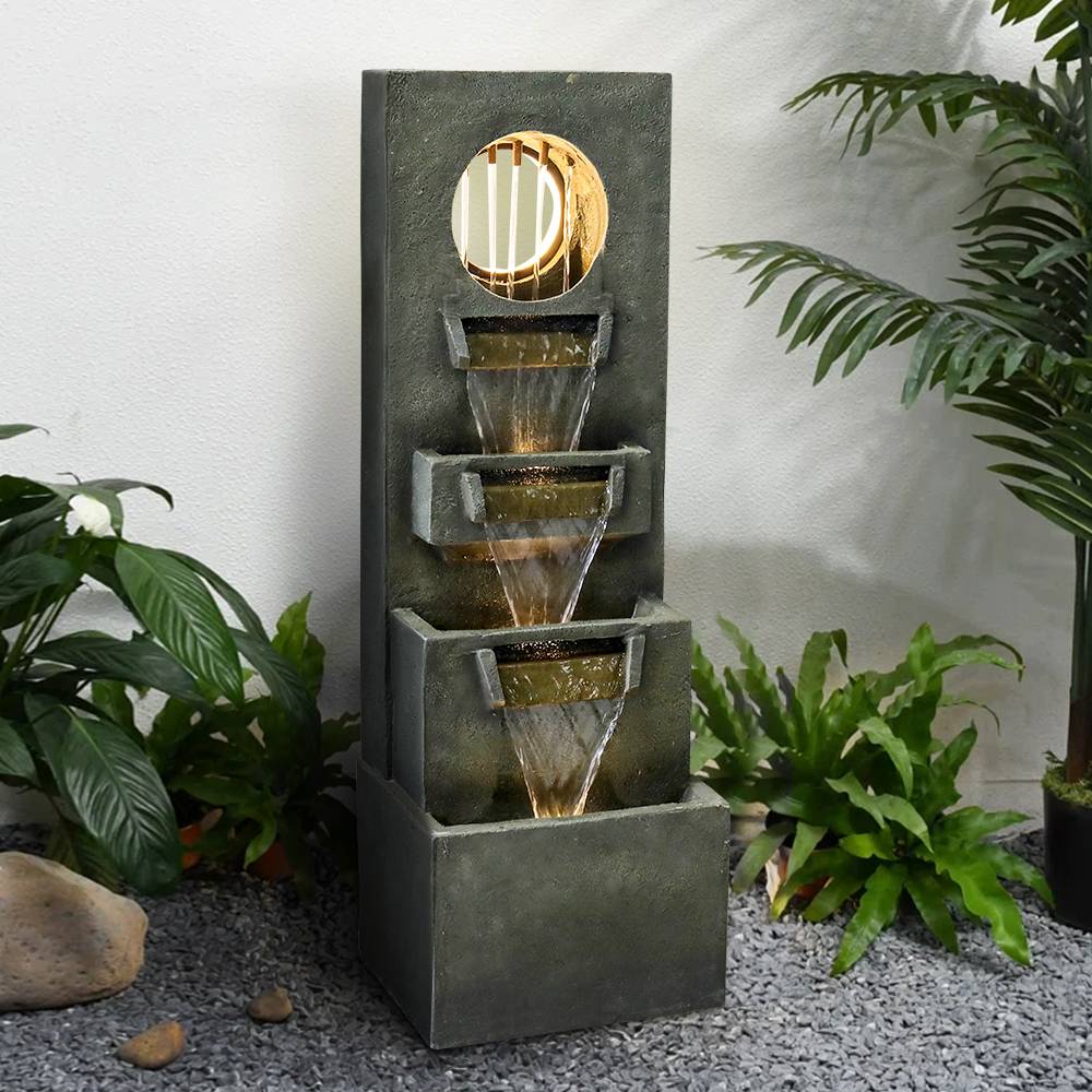 Fontaine cascade moderne 100 cm en résine effet pierre avec éclairage LED jardin – ComfortXL Outdoor Living - Imagen 1