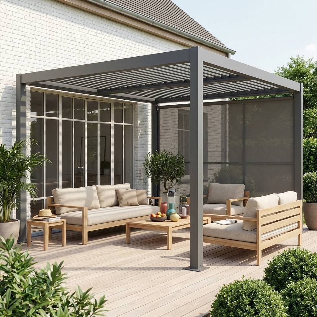 Pergola bioclimatique aluminium et acier 3x3m + auvent 3m anthracite Palace | sweeek