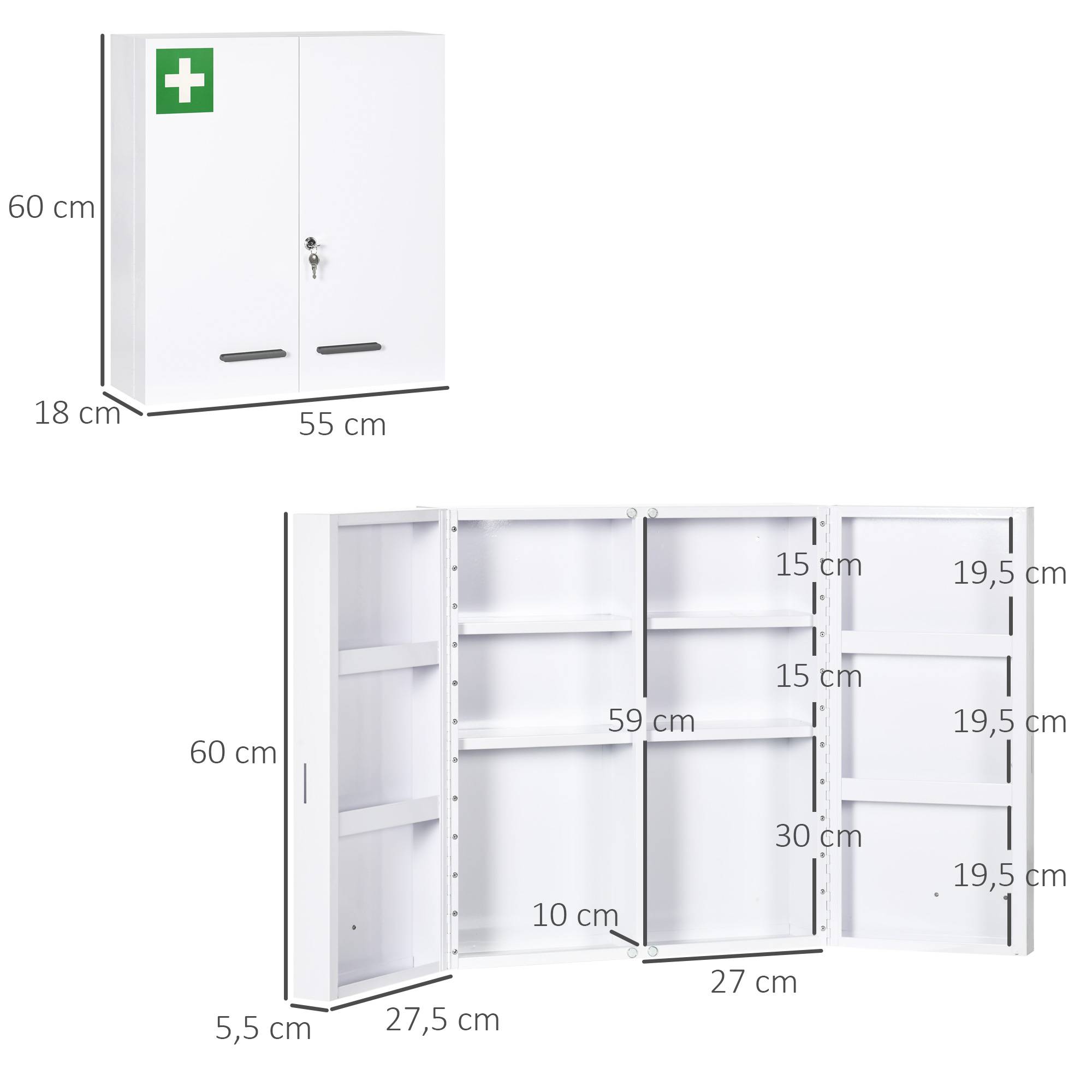 Sans Marque - Armoire pharmacie 6 étagères serrure 2 clés sécurité 55x18x60 cm blanc - Image 5