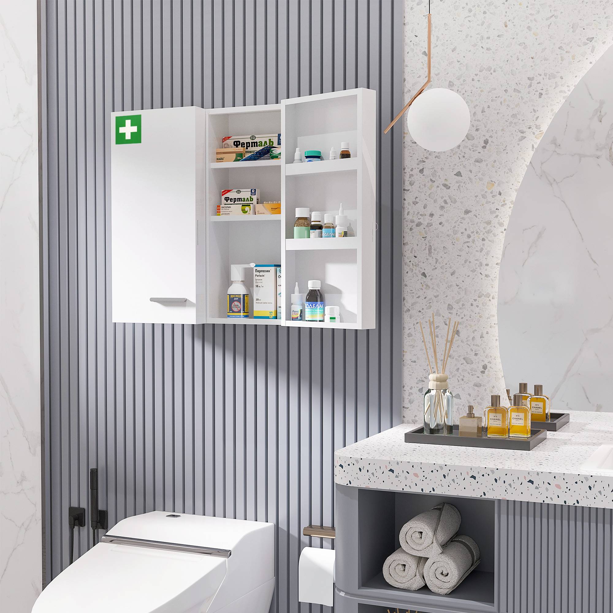 Sans Marque - Armoire pharmacie 6 étagères serrure 2 clés sécurité 55x18x60 cm blanc - Image 3