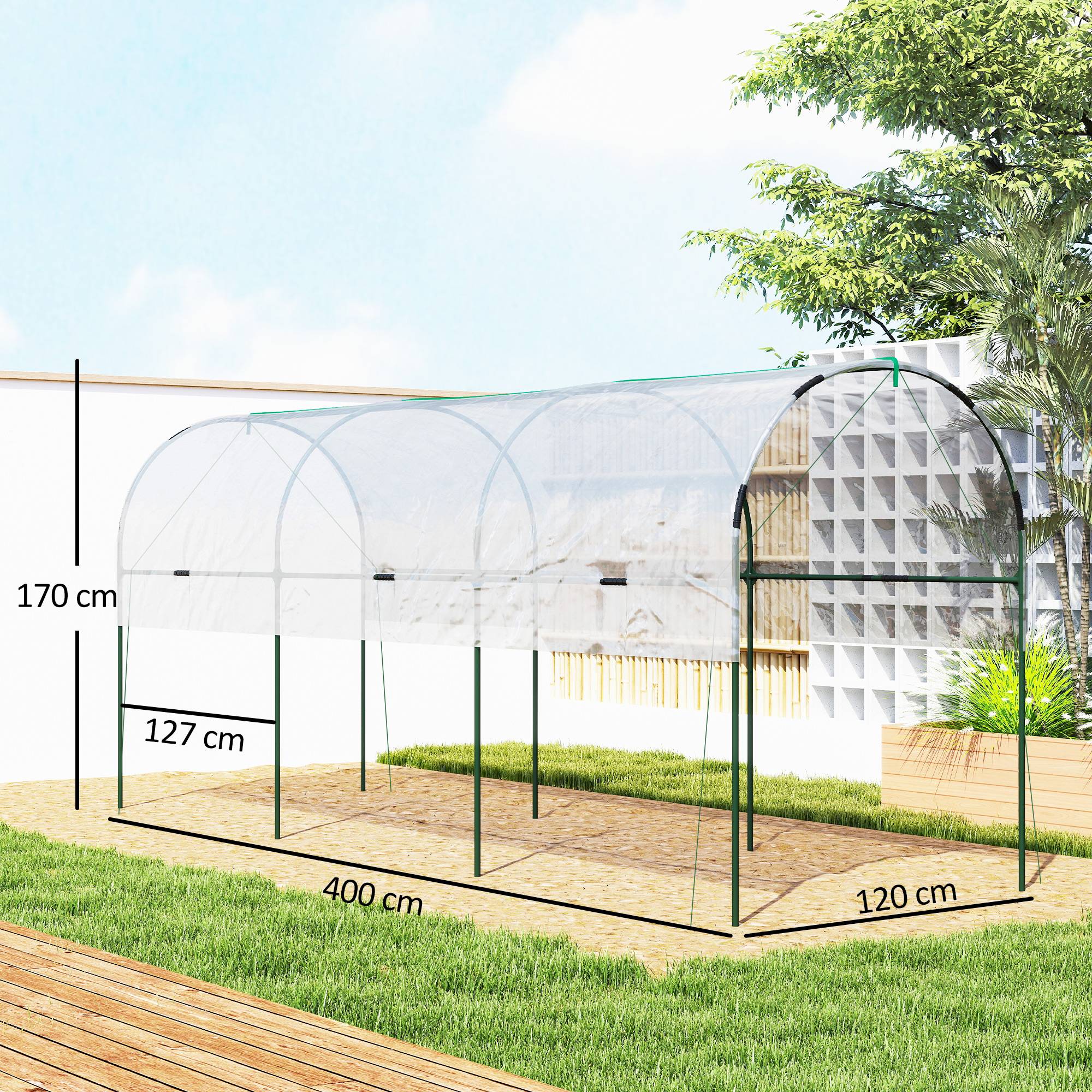 Serre à tomates grande hauteur arceaux acier culture potager bâche PVC 400x120x170cm transparent - ComfortXL Outdoor Living - Image 5