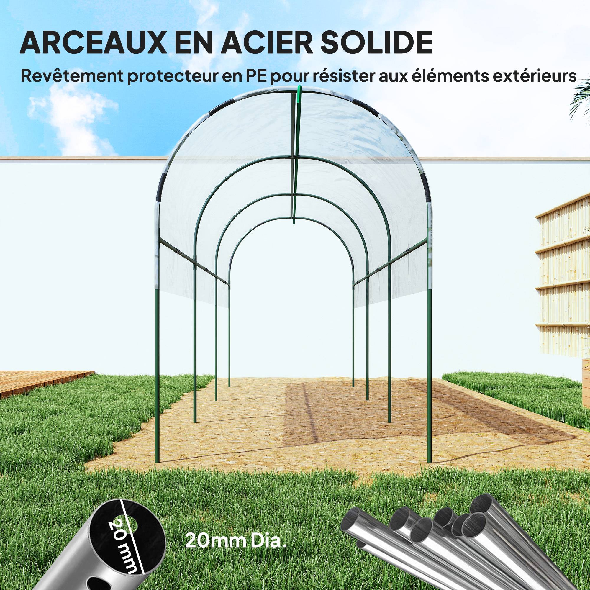 Serre à tomates grande hauteur arceaux acier culture potager bâche PVC 400x120x170cm transparent - ComfortXL Outdoor Living - Image 7