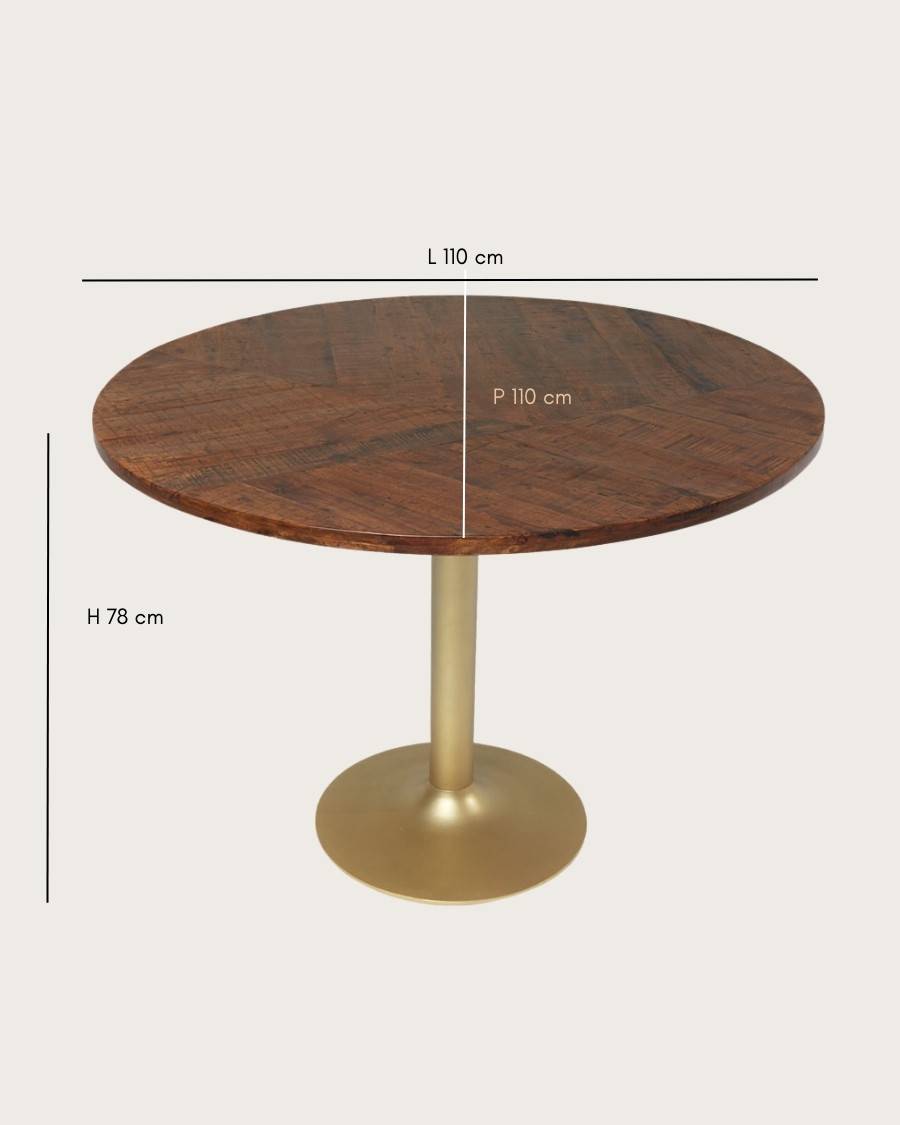 Prague - Table repas ronde en bois massif et pied tulipe doré D110 cm 6 pers - UNIQKA - Imagen 7