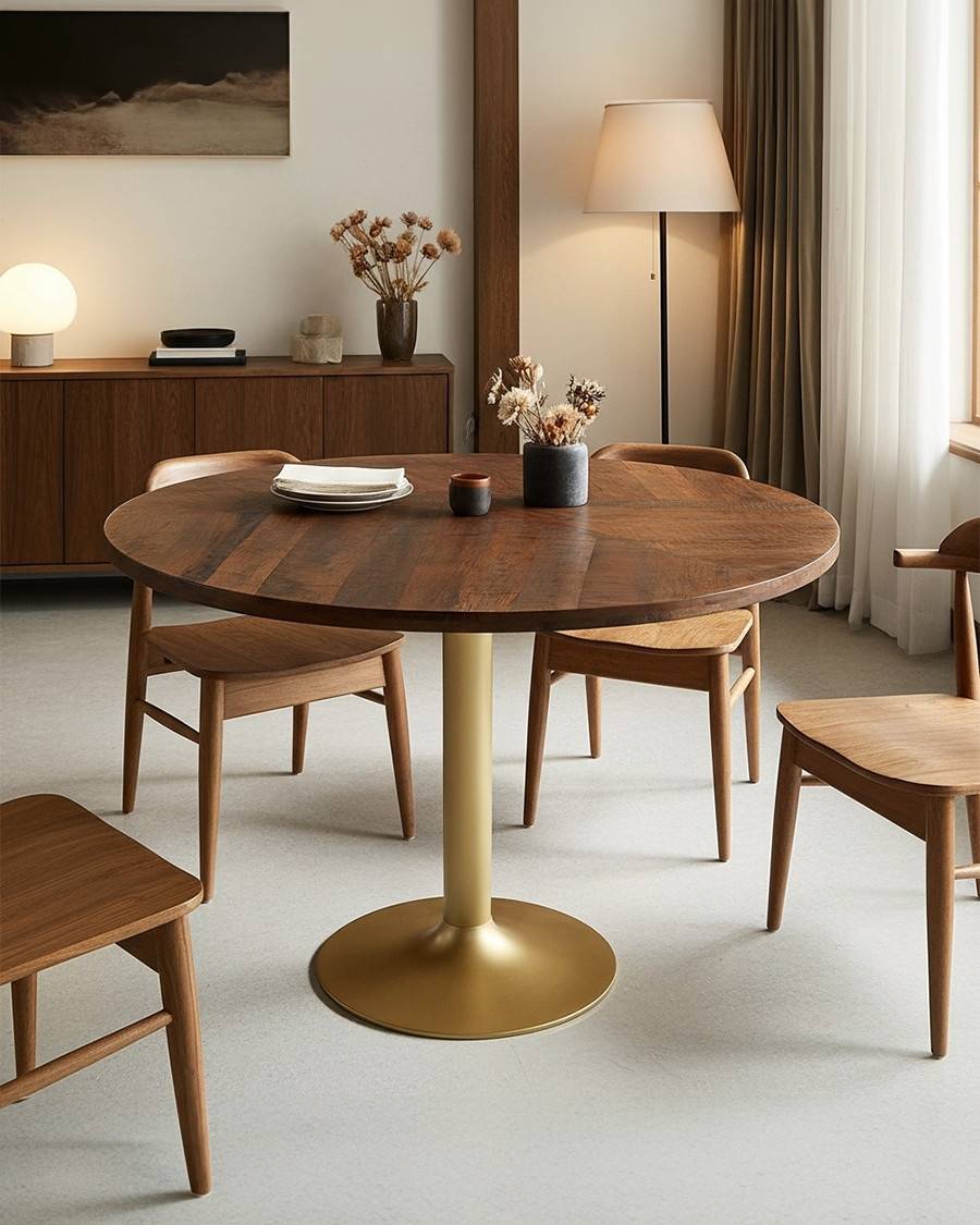 Prague - Table repas ronde en bois massif et pied tulipe doré D110 cm 6 pers - UNIQKA - Imagen 2