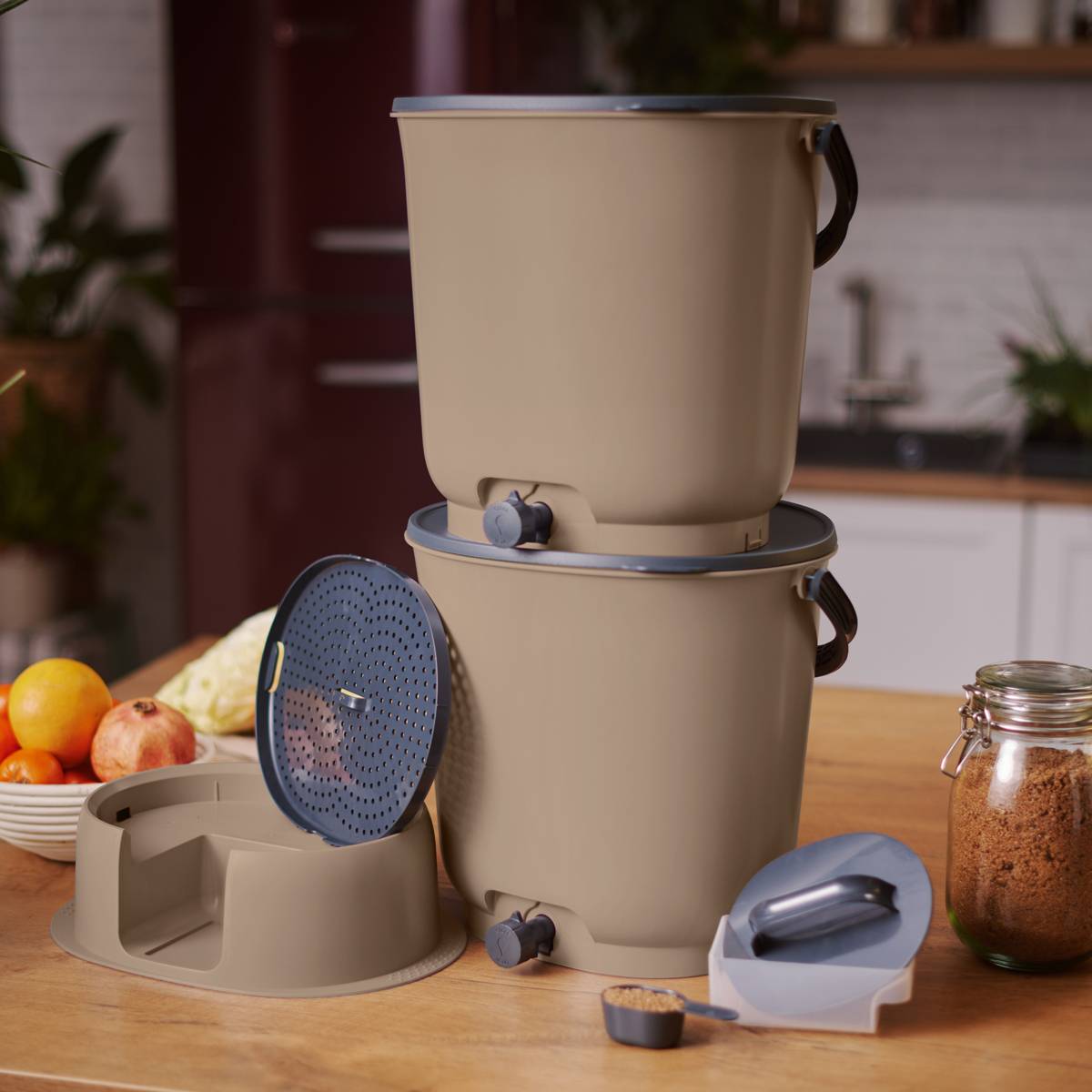 Lot de 2 composteurs Bokashi  Essential  15,3L+1kg de Brain+1 base-Capuccino - Imagen 3