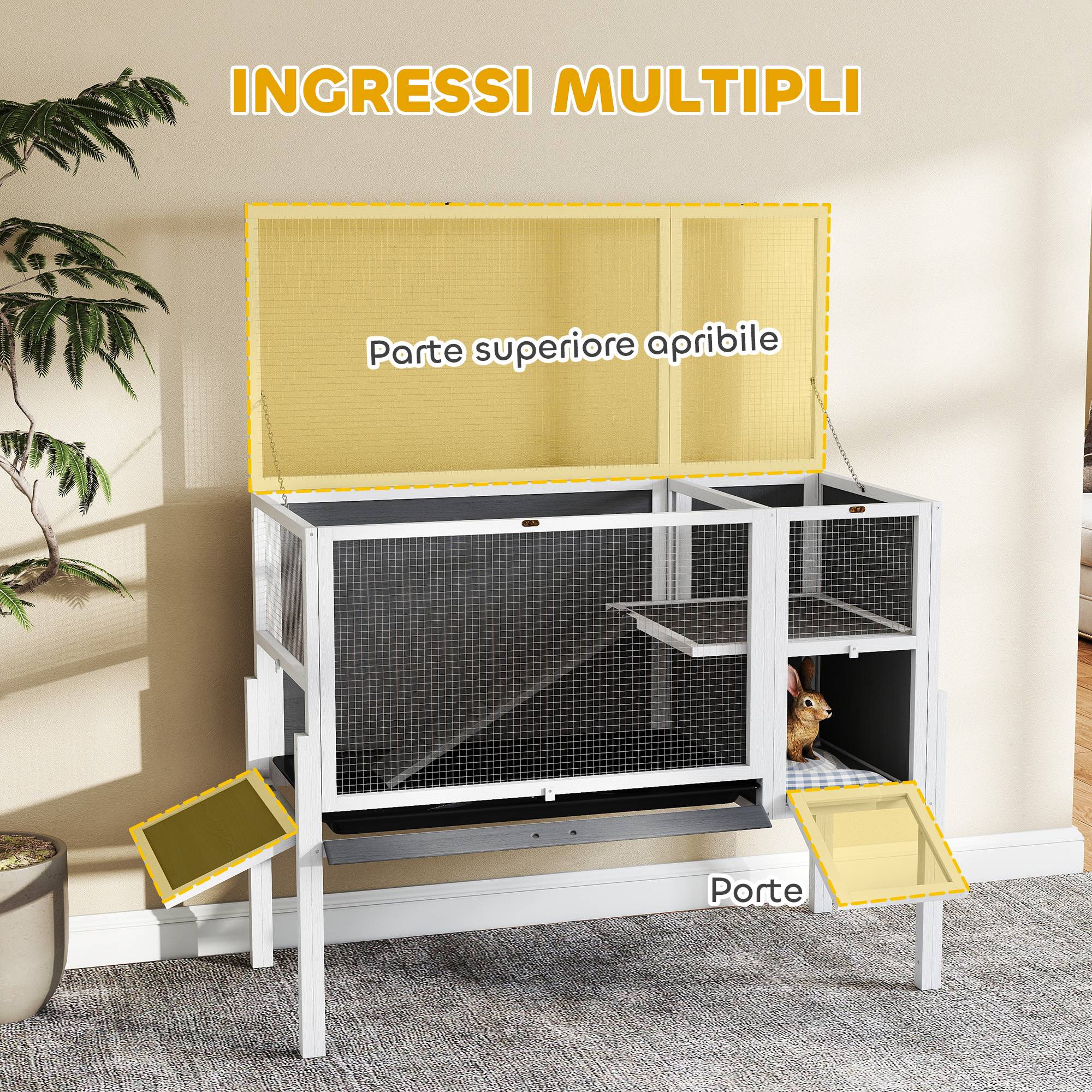 Cage surélevée d'intérieur pour lapins et hamsters, avec plateau amovible et toit ouvrant, grise - Image 9