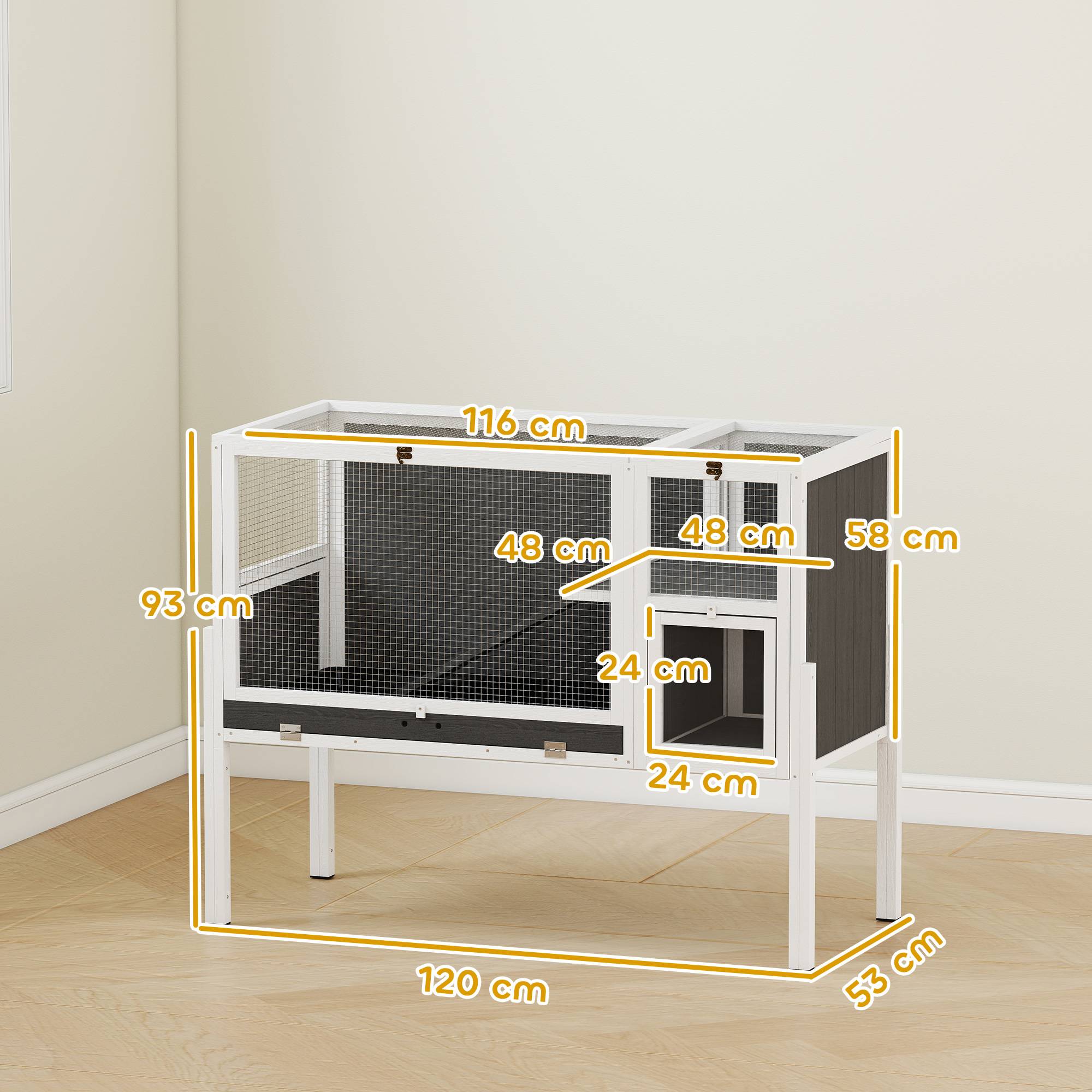 Cage surélevée d'intérieur pour lapins et hamsters, avec plateau amovible et toit ouvrant, grise - Image 5