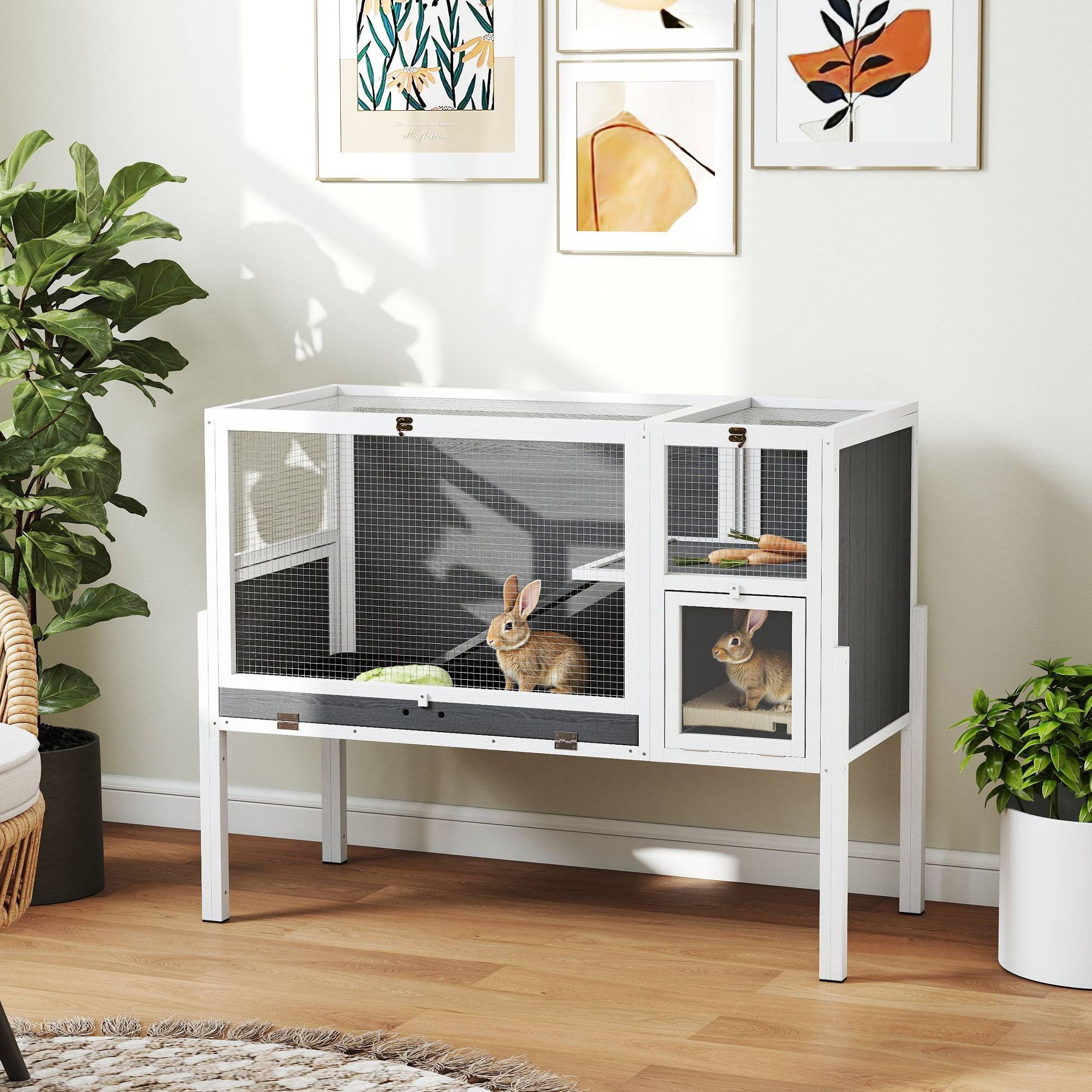 Cage surélevée d'intérieur pour lapins et hamsters, avec plateau amovible et toit ouvrant, grise - Image 3