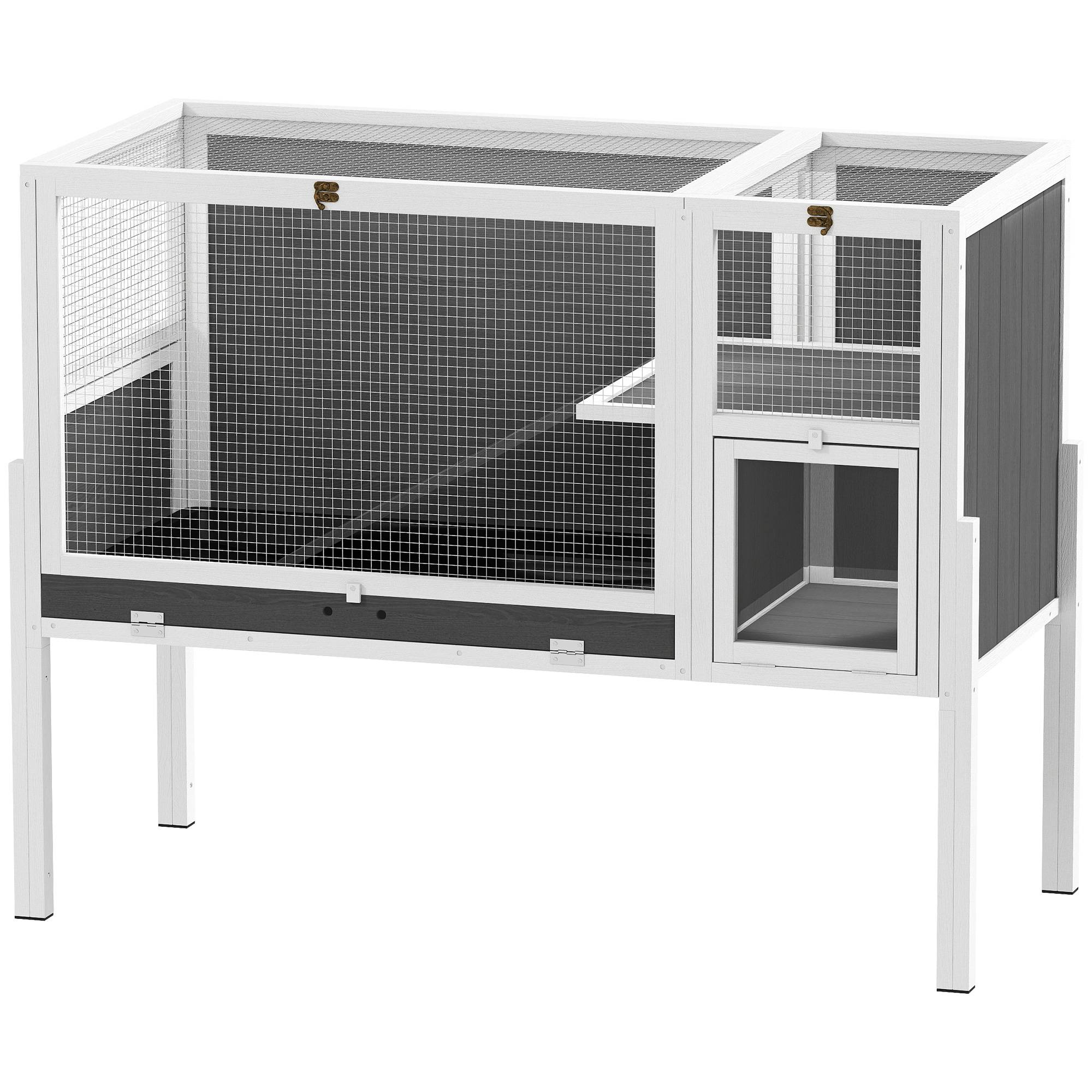 Cage surélevée d'intérieur pour lapins et hamsters, avec plateau amovible et toit ouvrant, grise - Image 2