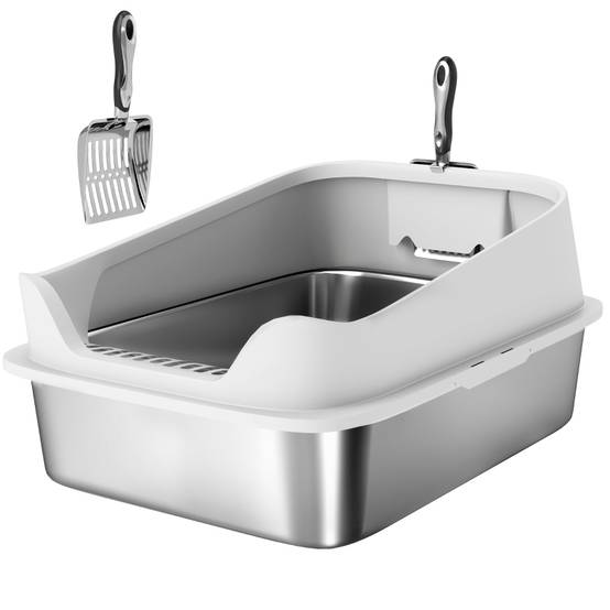 Litière ouverte en inox avec bord haut et pelle, pour chats jusqu'à 7 kg, 60.2 x 40.2 x 29.7 cm, gris - PANGIVO - Image 1