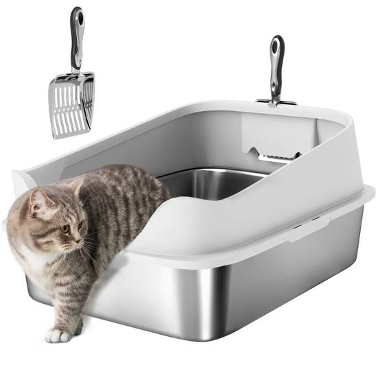 Litière ouverte en inox avec bord haut et pelle, pour chats jusqu'à 7 kg, 60.2 x 40.2 x 29.7 cm, gris - PANGIVO - Image 7