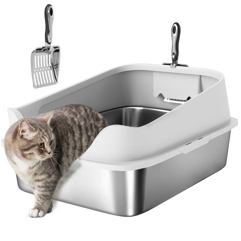 Litière ouverte en inox avec bord haut et pelle, pour chats jusqu'à 7 kg, 60.2 x 40.2 x 29.7 cm, gris - PANGIVO - Image 7