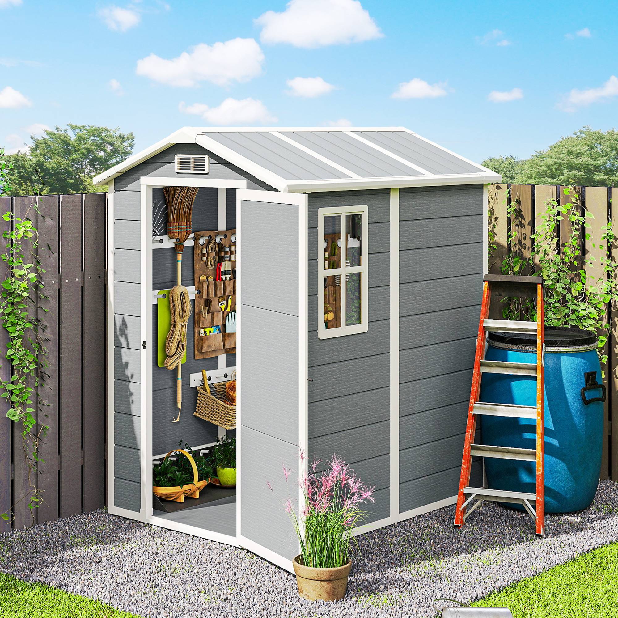 Abri de jardin résine extérieur rangement plancher inclus 131x186cm gris - ComfortXL Outdoor Living - Image 10