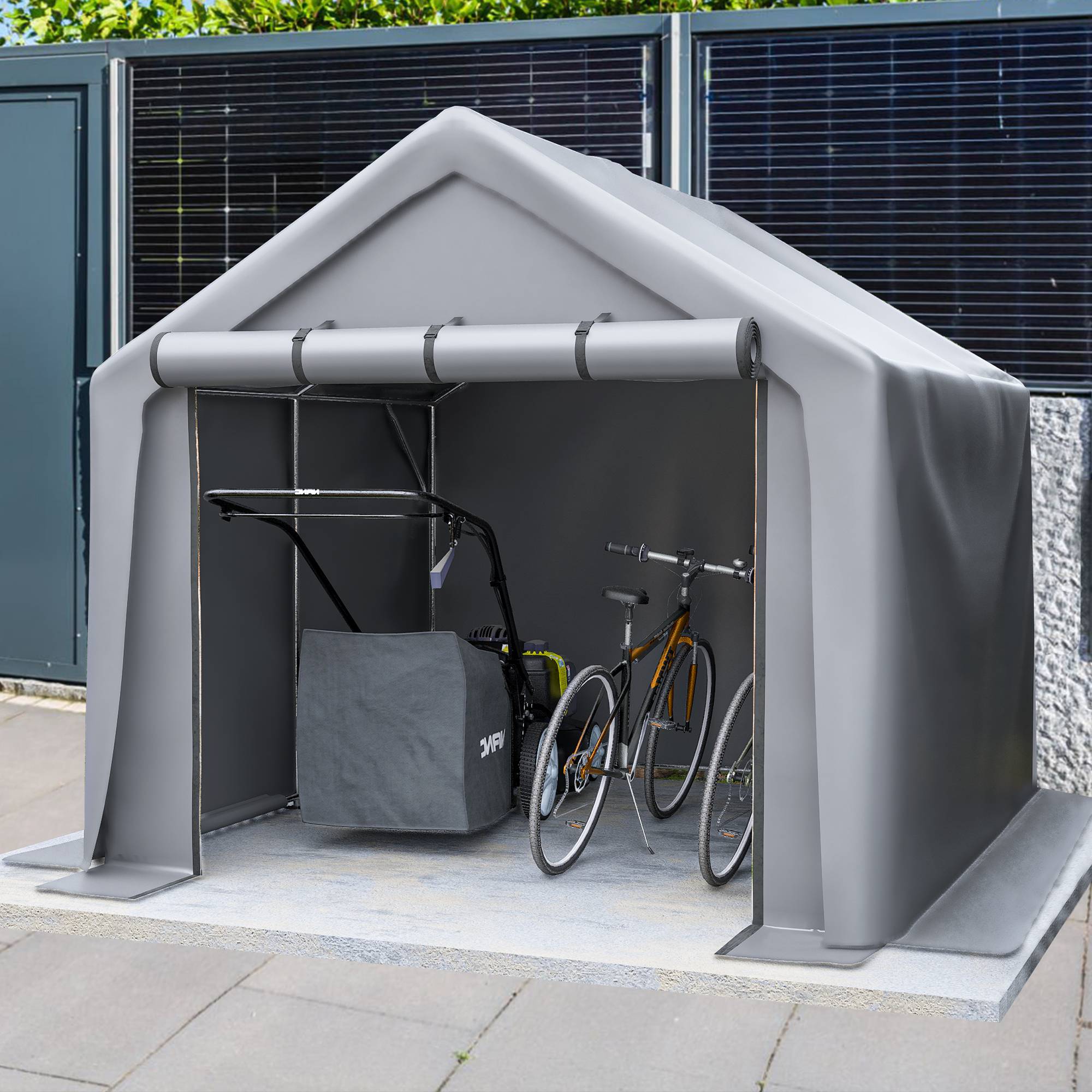 Abri de jardin 244x241x217cm gris foncé, garage vélo et tente de rangement pour outils extérieurs - Image 6